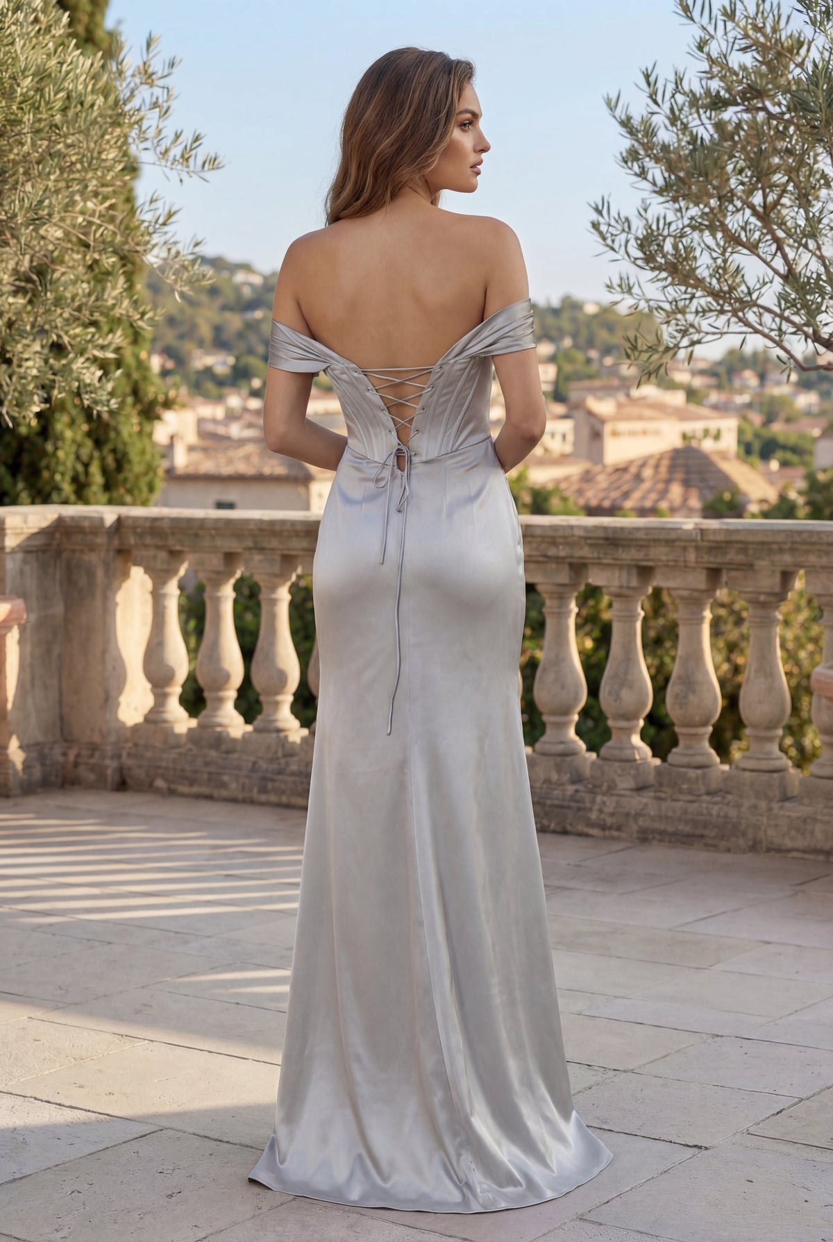 Off-the-Shoulder Satin Corset Evening Gown – Navy