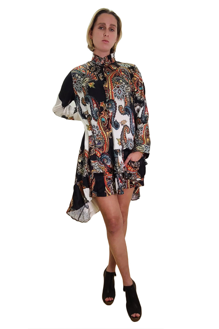 Cocktail Dresses Long Sleeve Button Down Hi Low Satin Dress Multi
