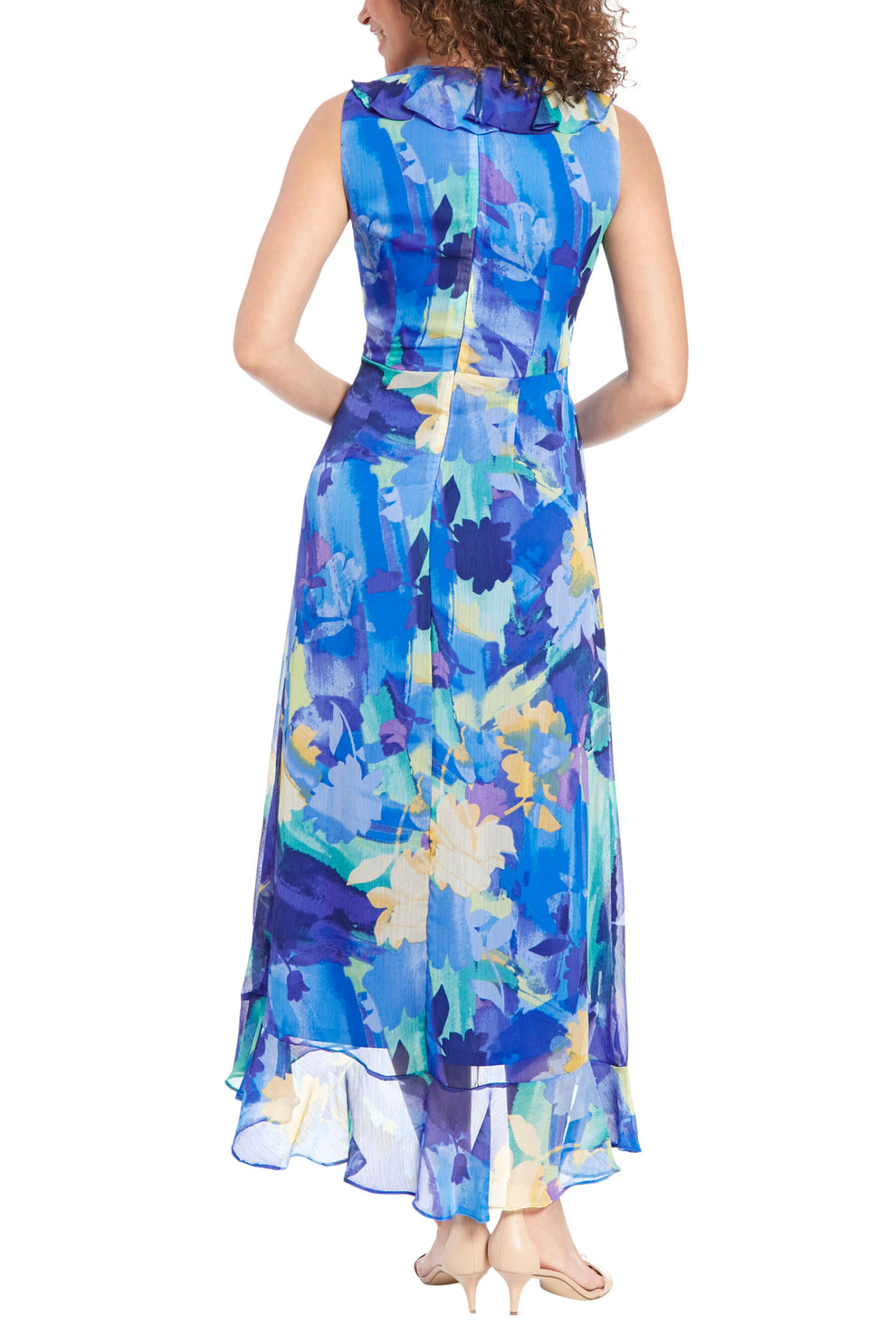 Cocktail Dresses Ruffled High Low Printed Cocktail Dress Blue Multi