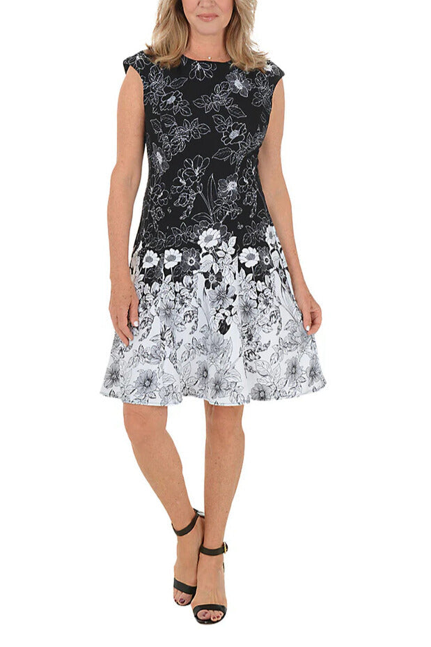 Plus Size Short Printed Knee Length Floral Plus Size Dress Black Ivory