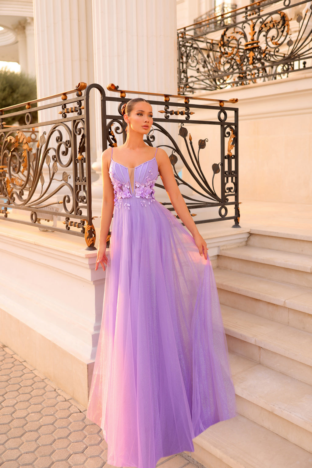 Prom Dresses Floral Long Glitter Formal Prom Dress  Lilac