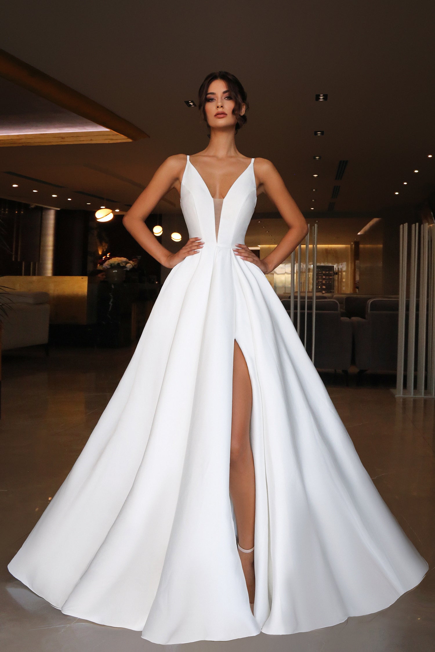 Wedding Dresses Long Slit A Line Wedding Dress Off White