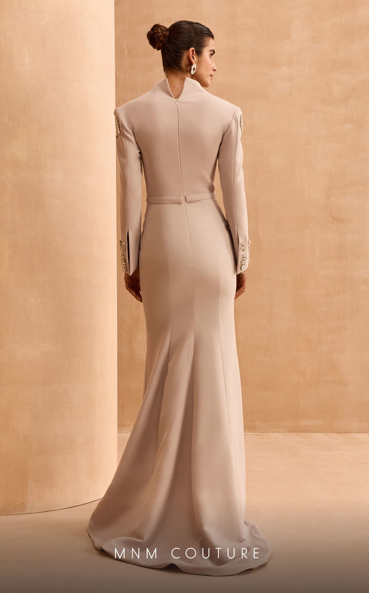 Formal Dresses Mermaid Long Sleeve Formal Applique Evening Dress Beige