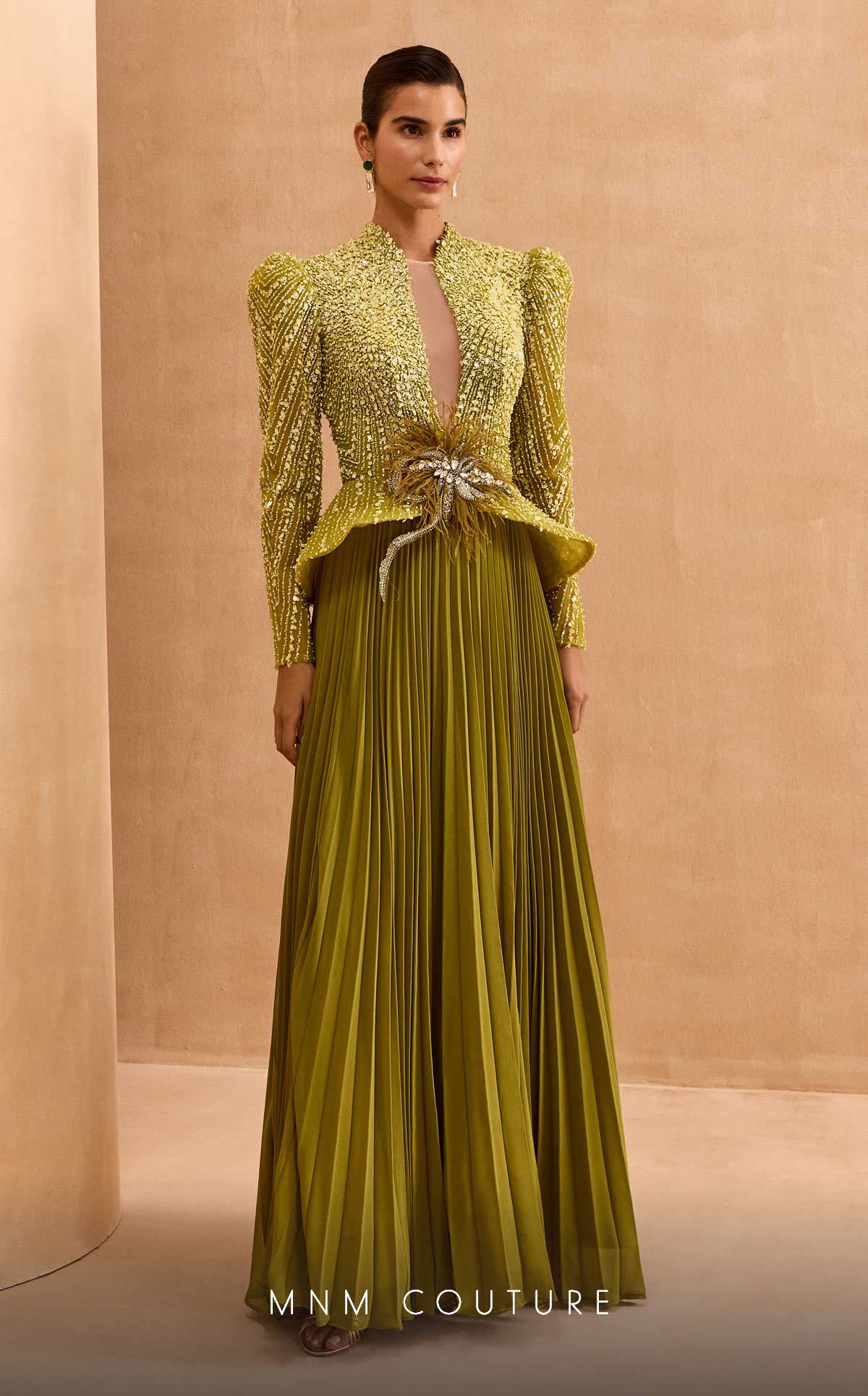 Formal Dresses Pleated Long Sleeve Formal Beaded Peplum Evening Dress Green