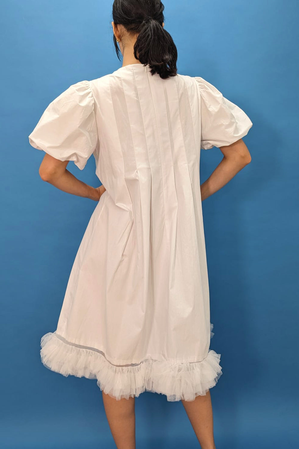 Cocktail Dresses Short Puff Sleeve Bow Cotton Blend Dress White