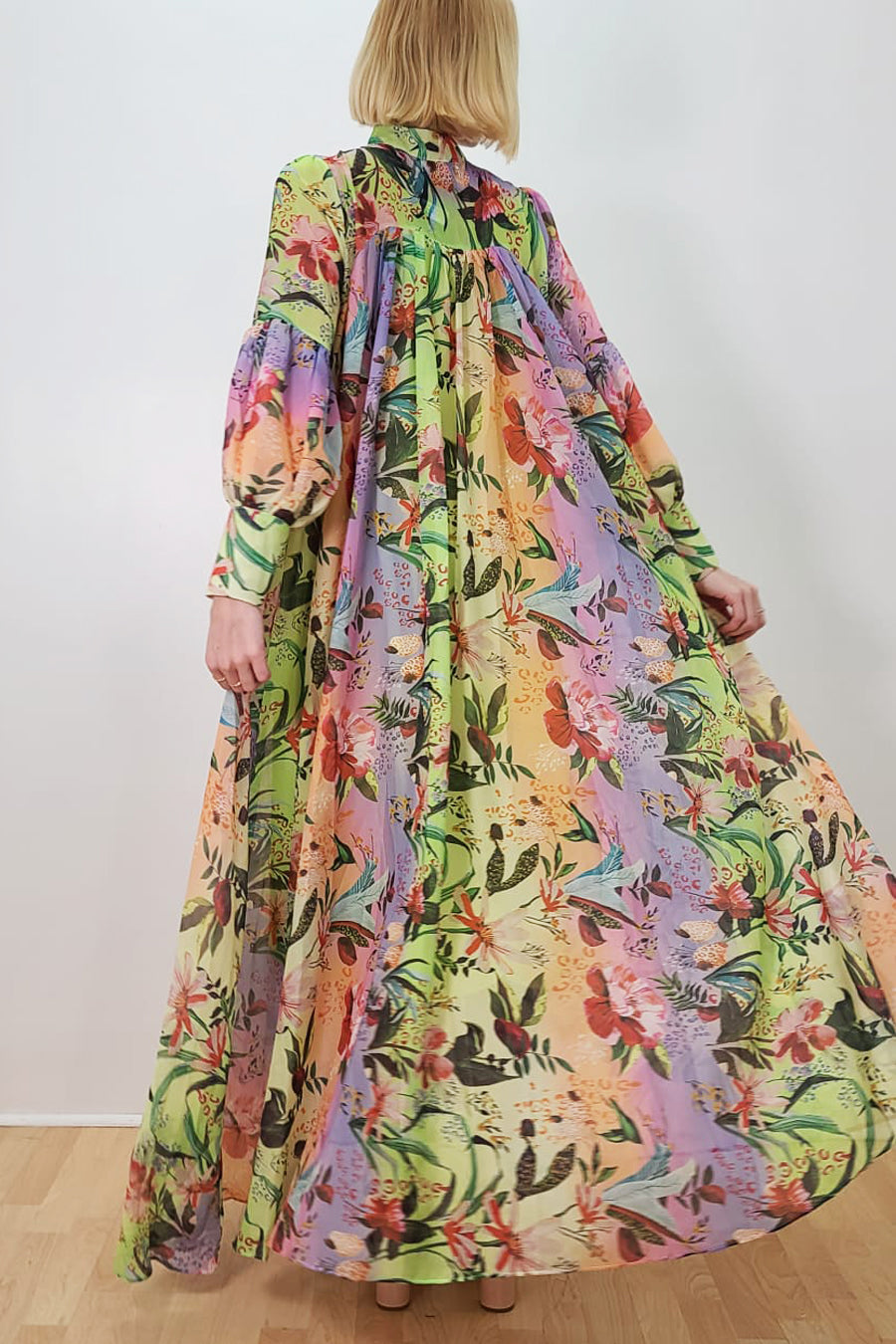 Formal Dresses Long Sleeve Floral Print Chiffon Dress Multi Green
