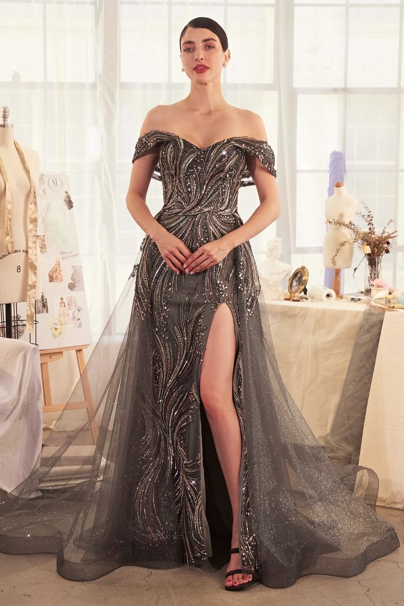 Prom Dresses Fitted Long Overskirt Beaded Formal Prom Dress Dark Silver