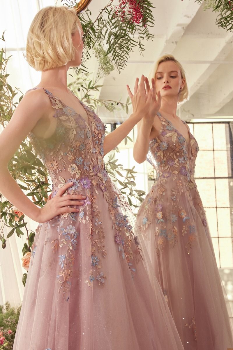 Prom Dresses A Line Long Floral LaceApplique Formal Prom Dress Mauve