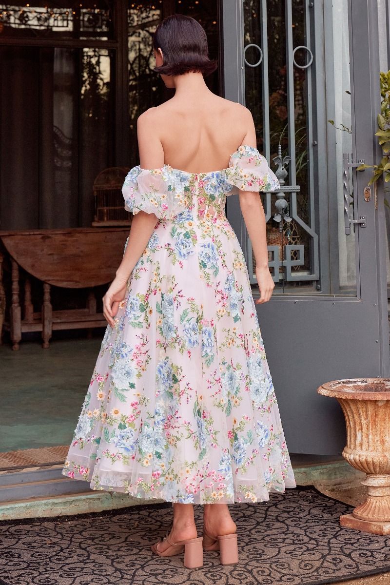Formal Dresses Tea Length A Line Printed Floral Formal Dress Blue