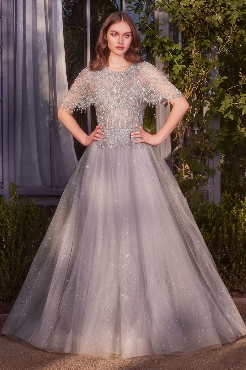 Prom Dresses Formal Long Ball Gown Capelet Prom Dress Silver