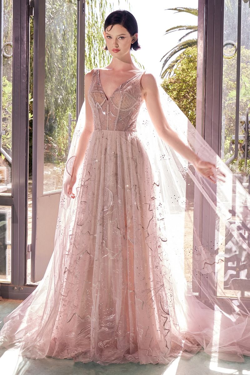 Prom Dresses A Line Formal Long Corset Cape Prom Dress Nude