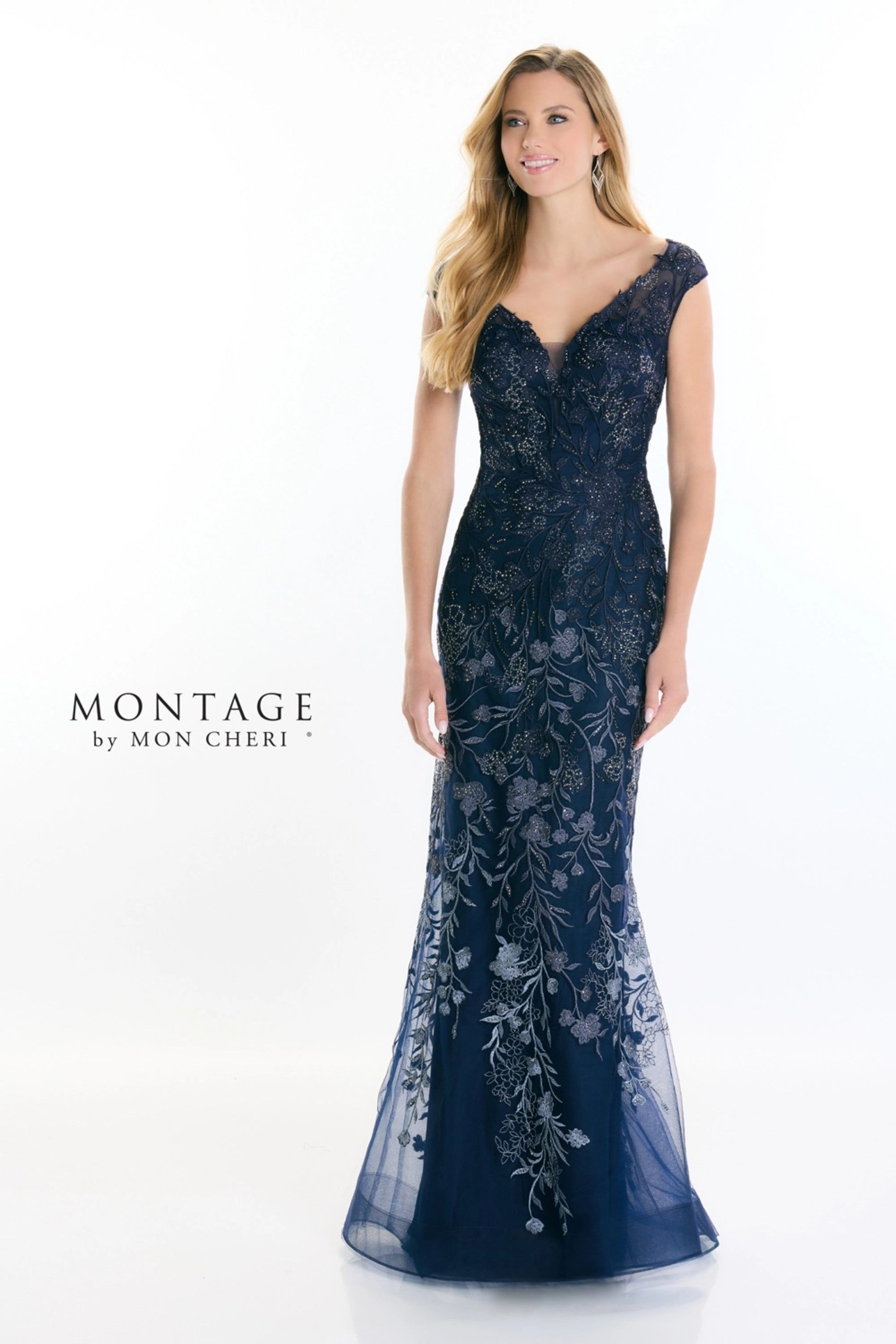 Formal Dresses Beaded Floral Long Formal Ombre Evening Dress Navy Blue