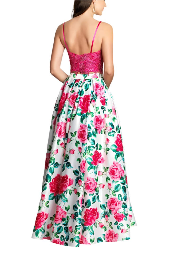 Pleated Two Pice Long Formal Floral Lace Dress