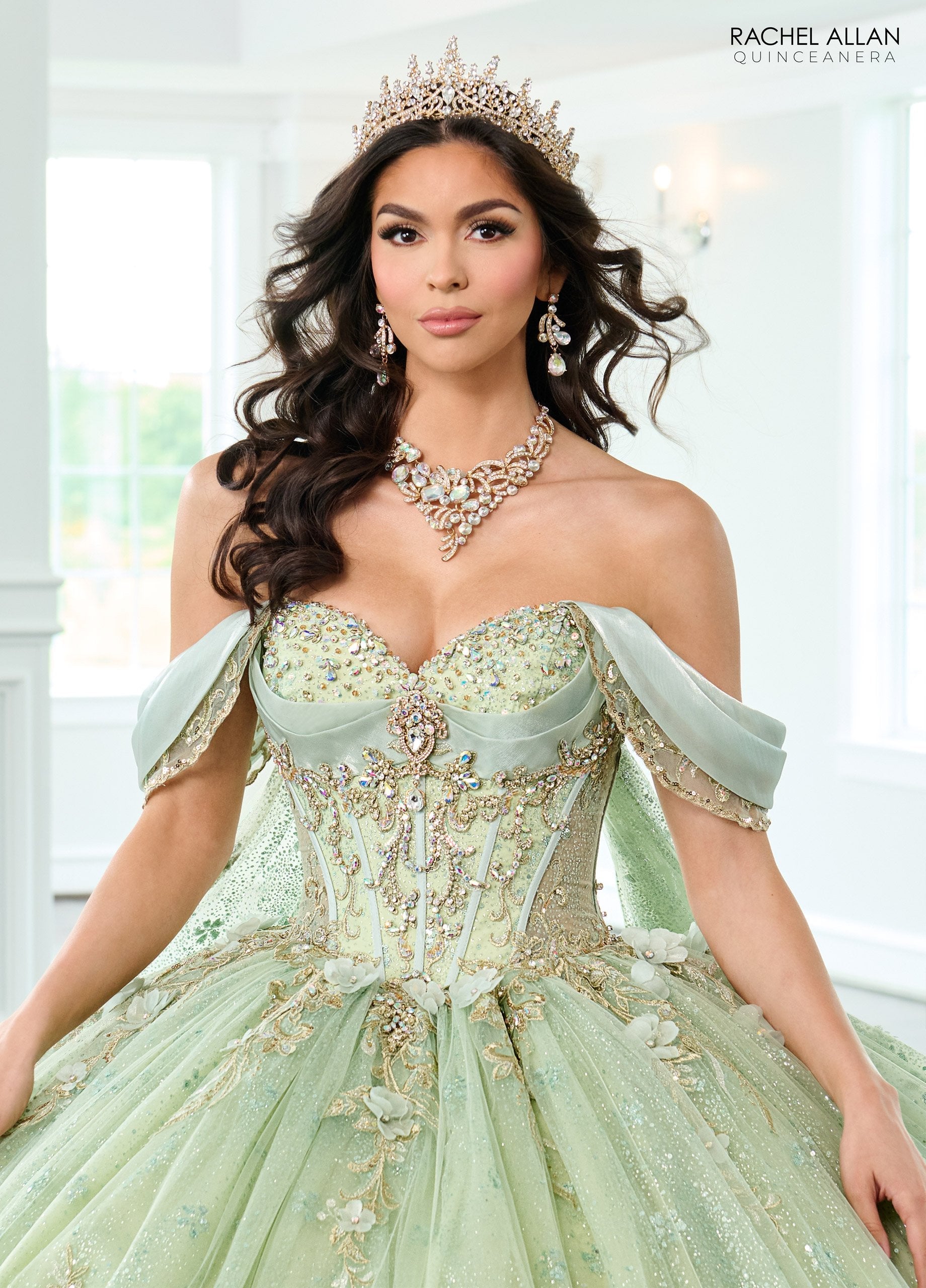 Quinceniera Dresses Ball Gown Long Glitter Overskirt Quinceanera Dress Sage Gold