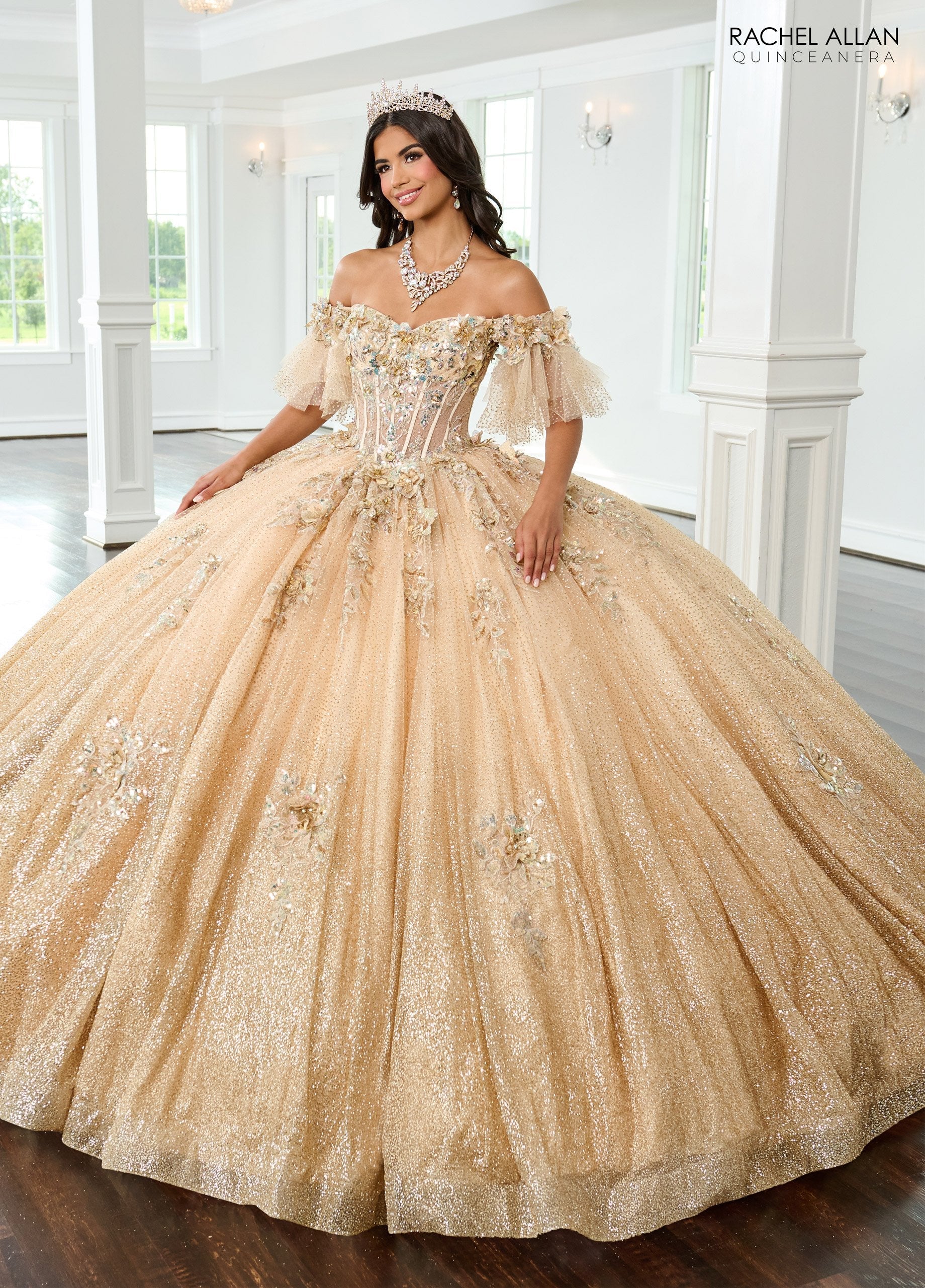 Quinceniera Dresses Long Glitter Sweet 16 Floral Quinceanera Dress Champagne Gold