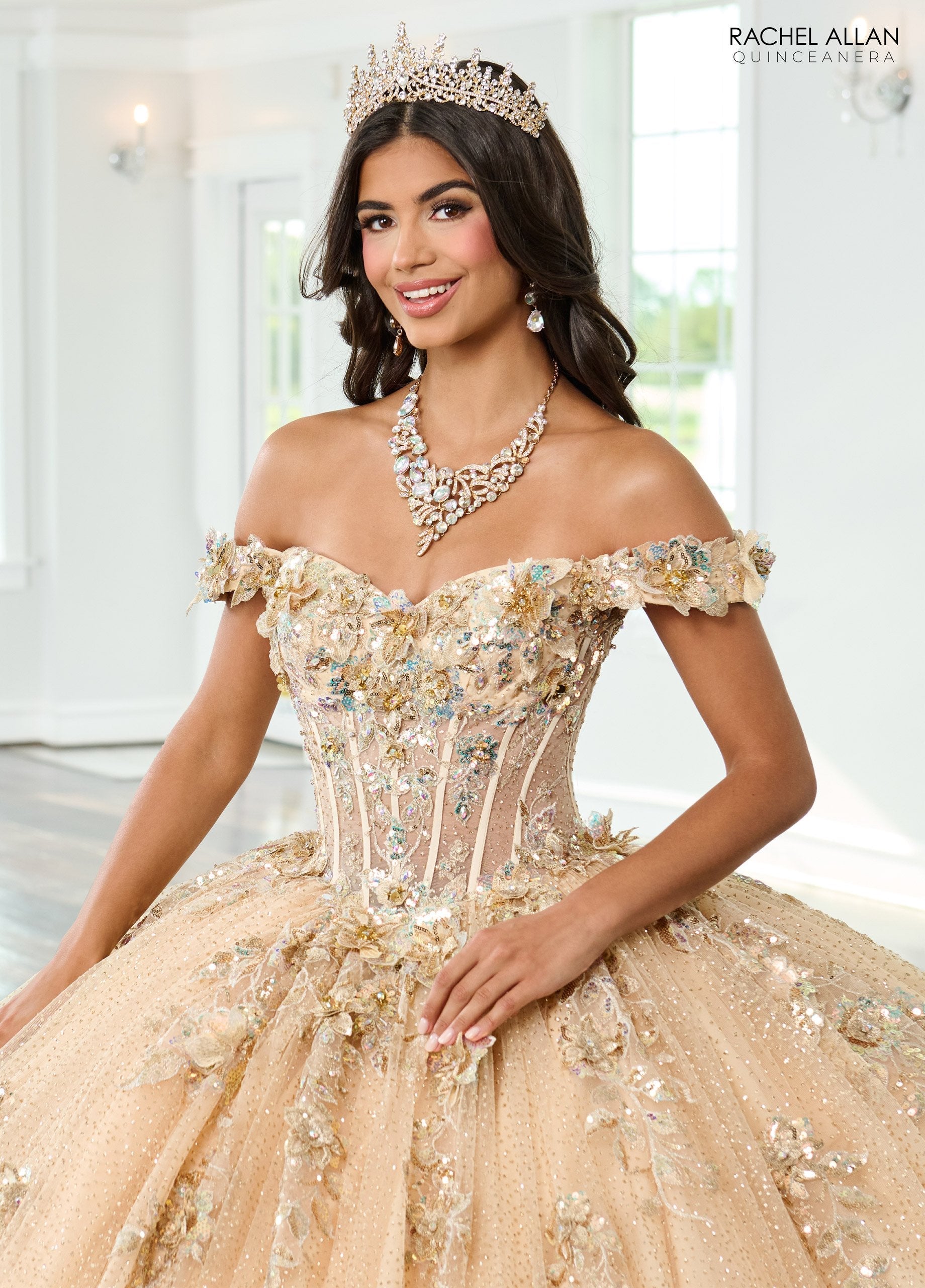 Quinceniera Dresses Long Glitter Sweet 16 Floral Quinceanera Dress Champagne Gold