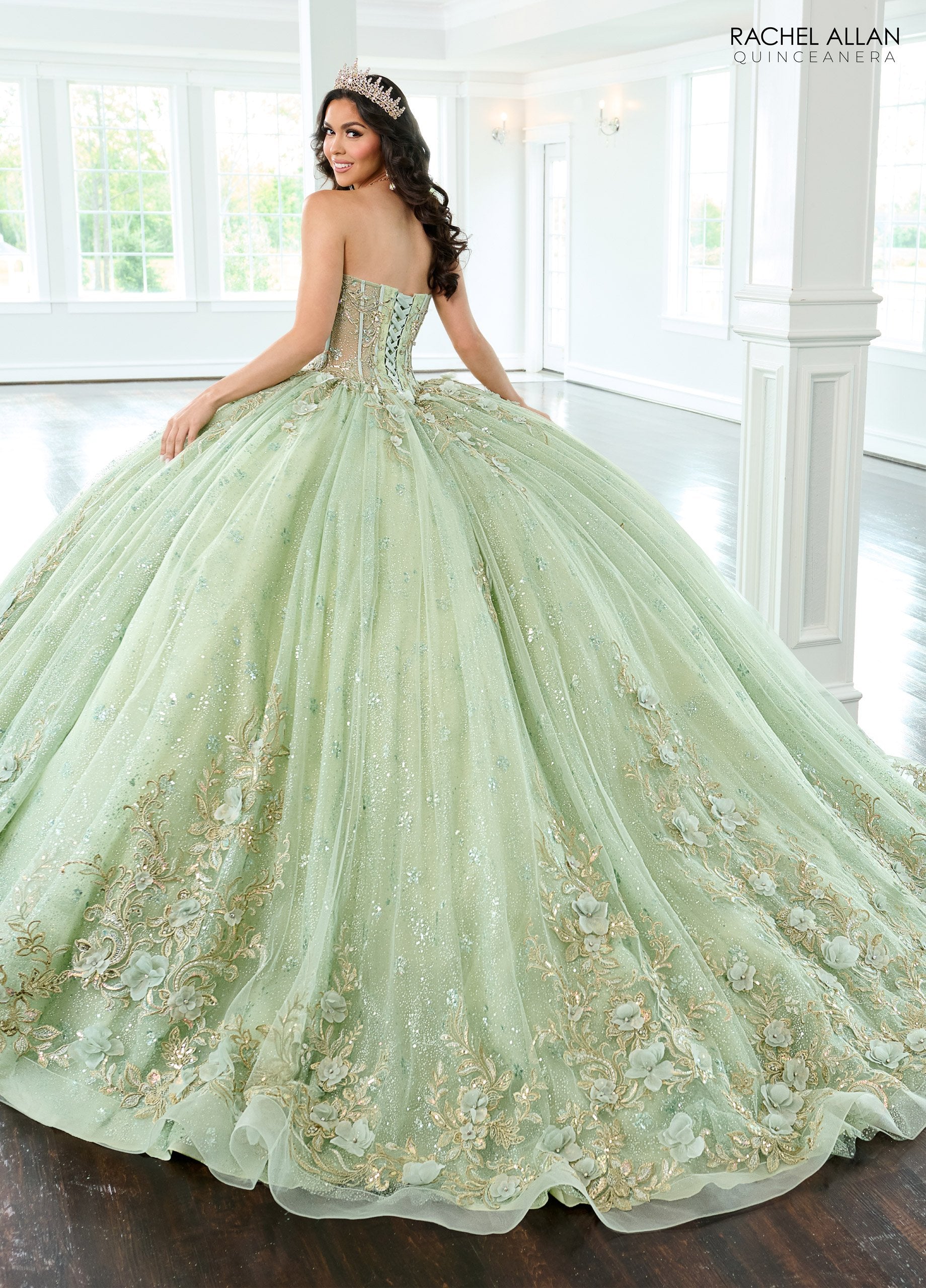 Quinceniera Dresses Ball Gown Long Glitter Overskirt Quinceanera Dress Sage Gold