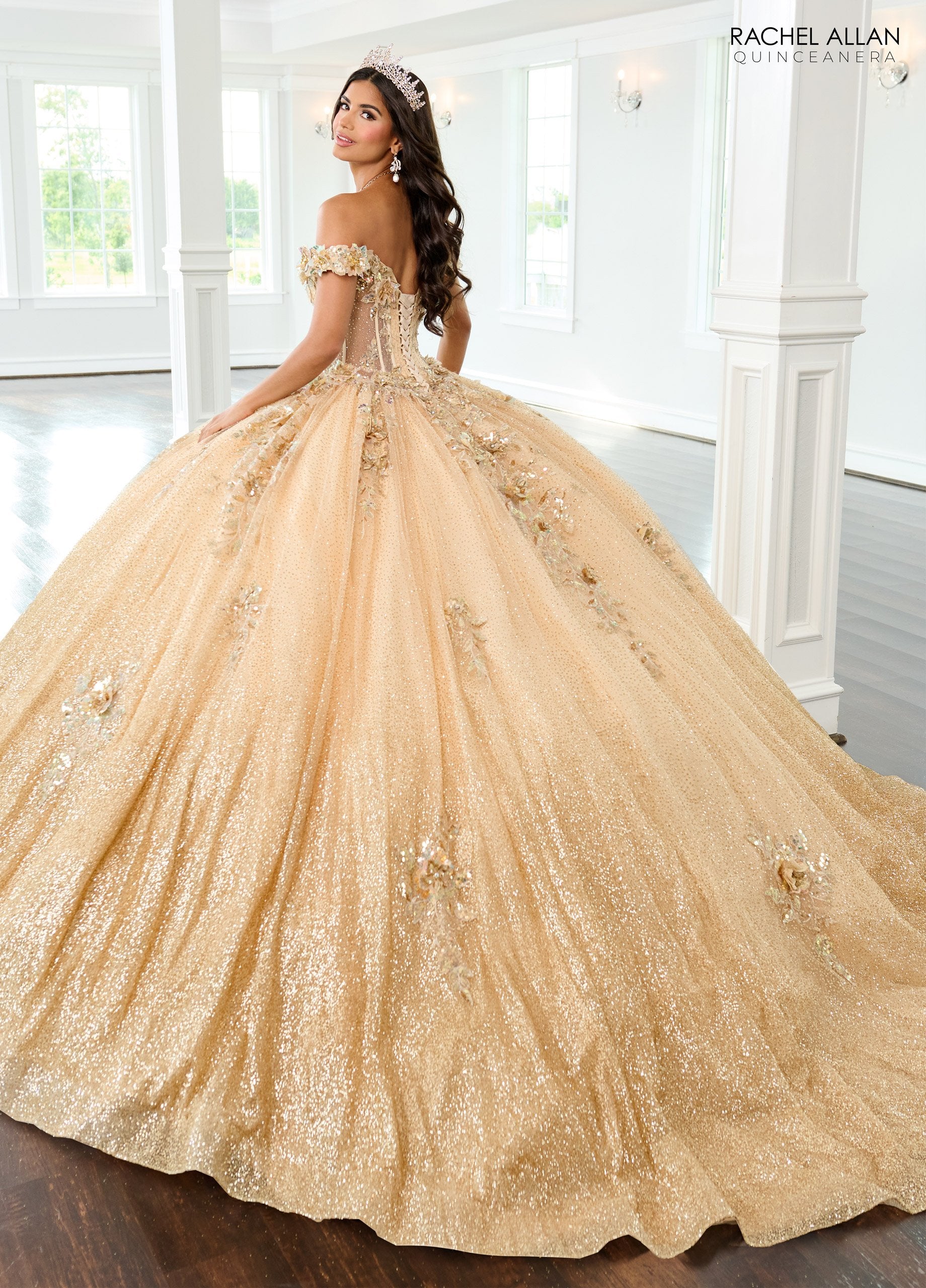 Quinceniera Dresses Long Glitter Sweet 16 Floral Quinceanera Dress Champagne Gold