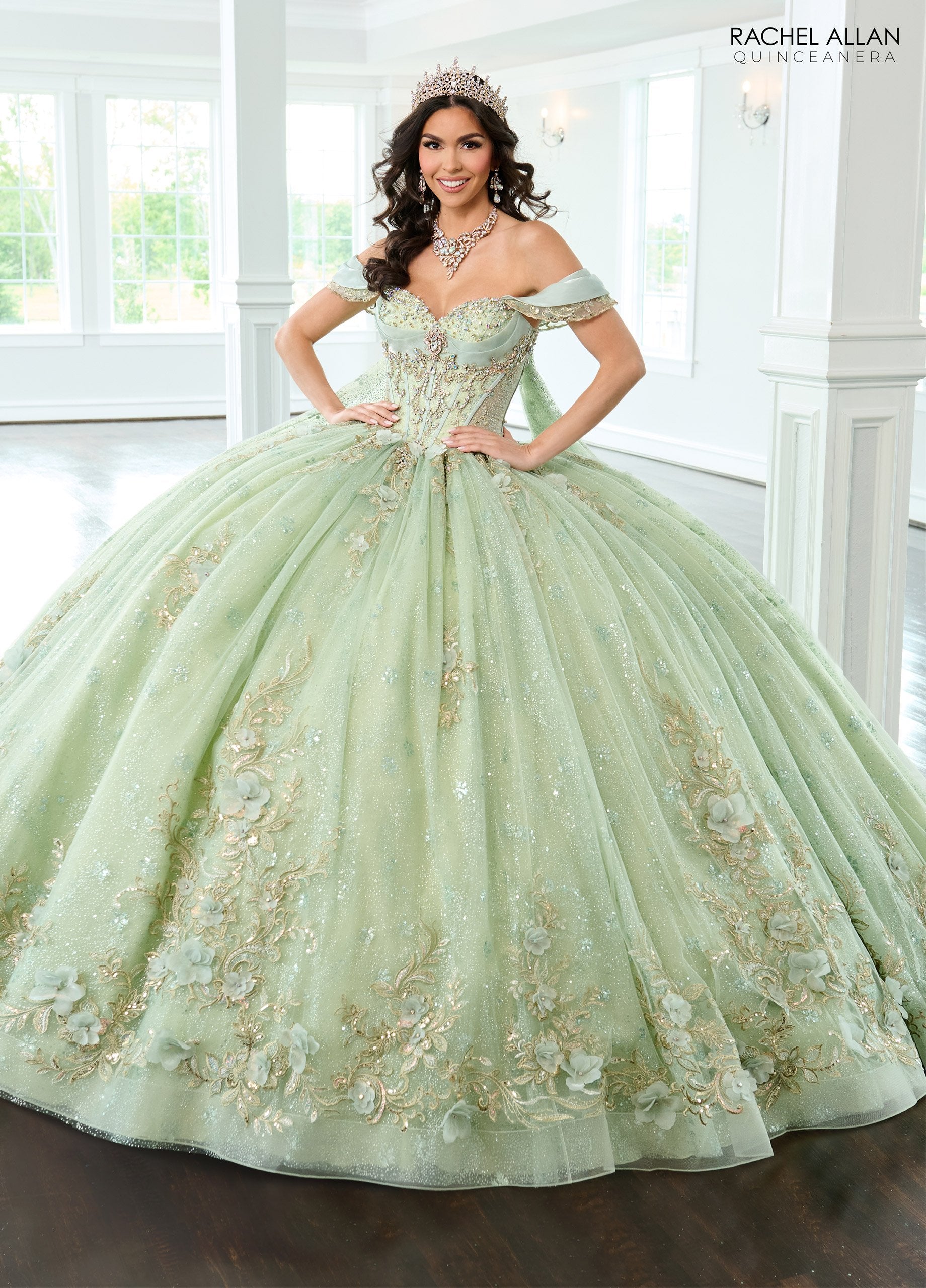 Quinceniera Dresses Ball Gown Long Glitter Overskirt Quinceanera Dress Sage Gold