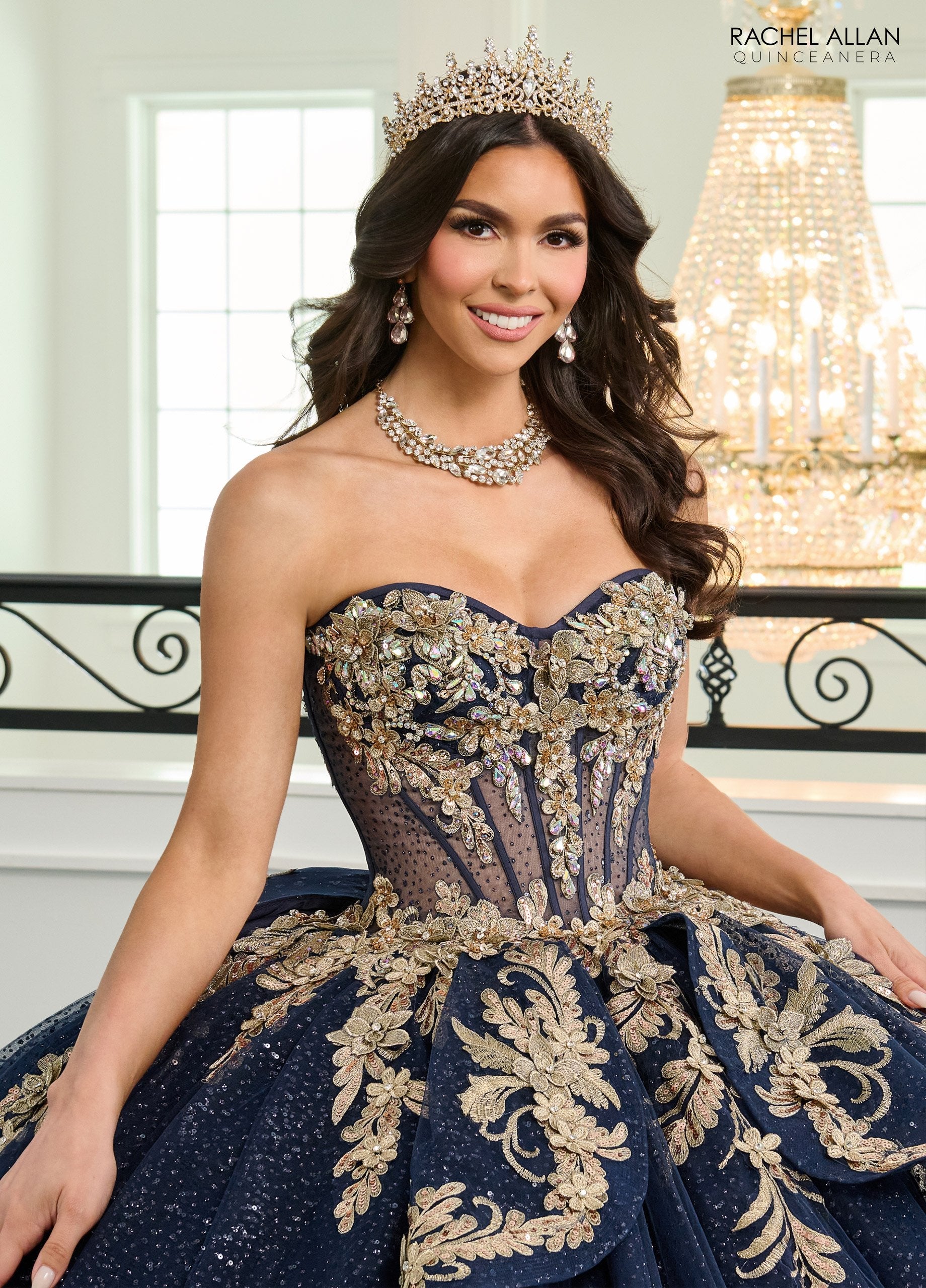 Quinceniera Dresses Long Ball Gown 3D Flower Glitter Quinceanera Dress Navy Gold