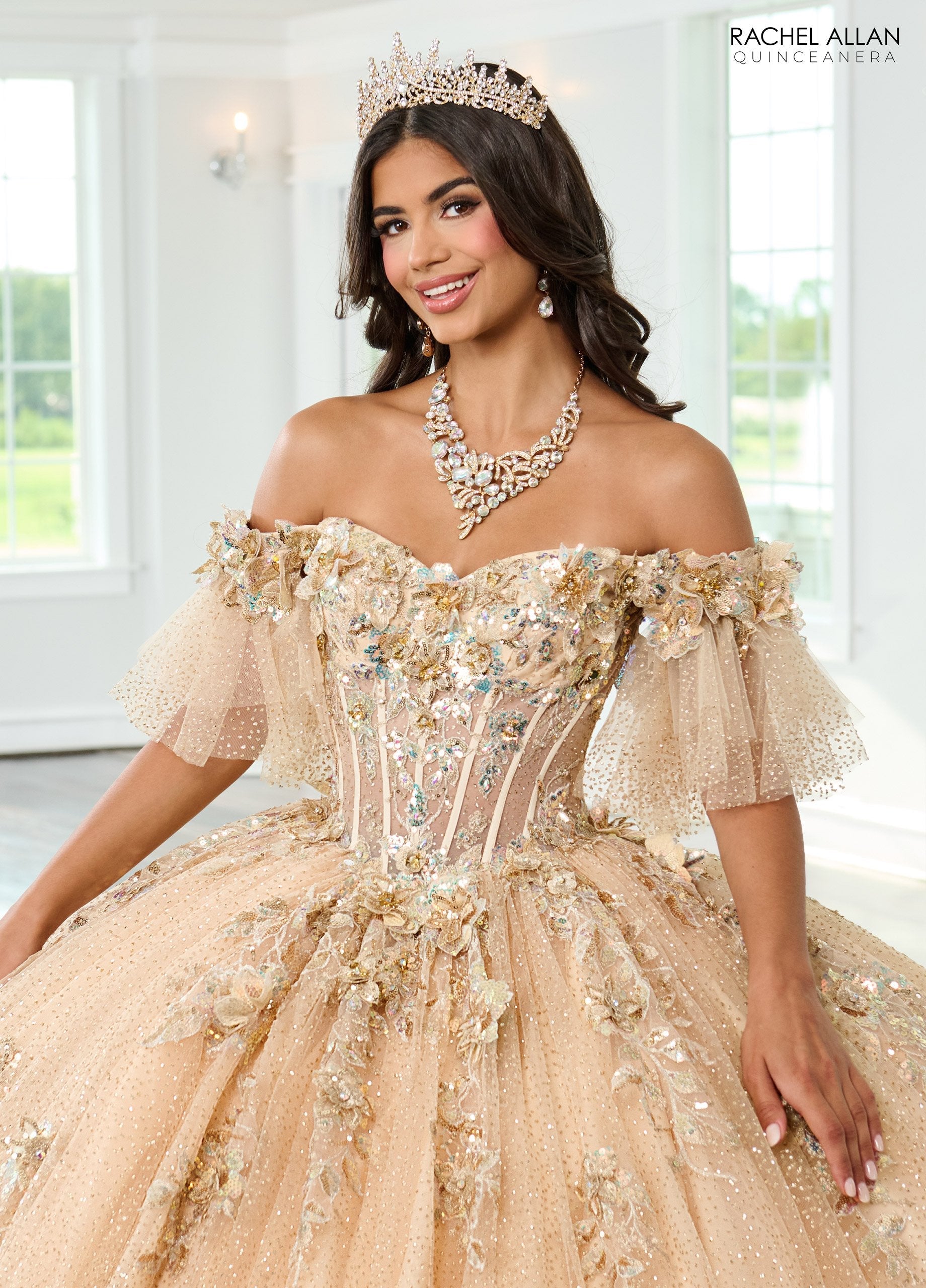 Quinceniera Dresses Long Glitter Sweet 16 Floral Quinceanera Dress Champagne Gold