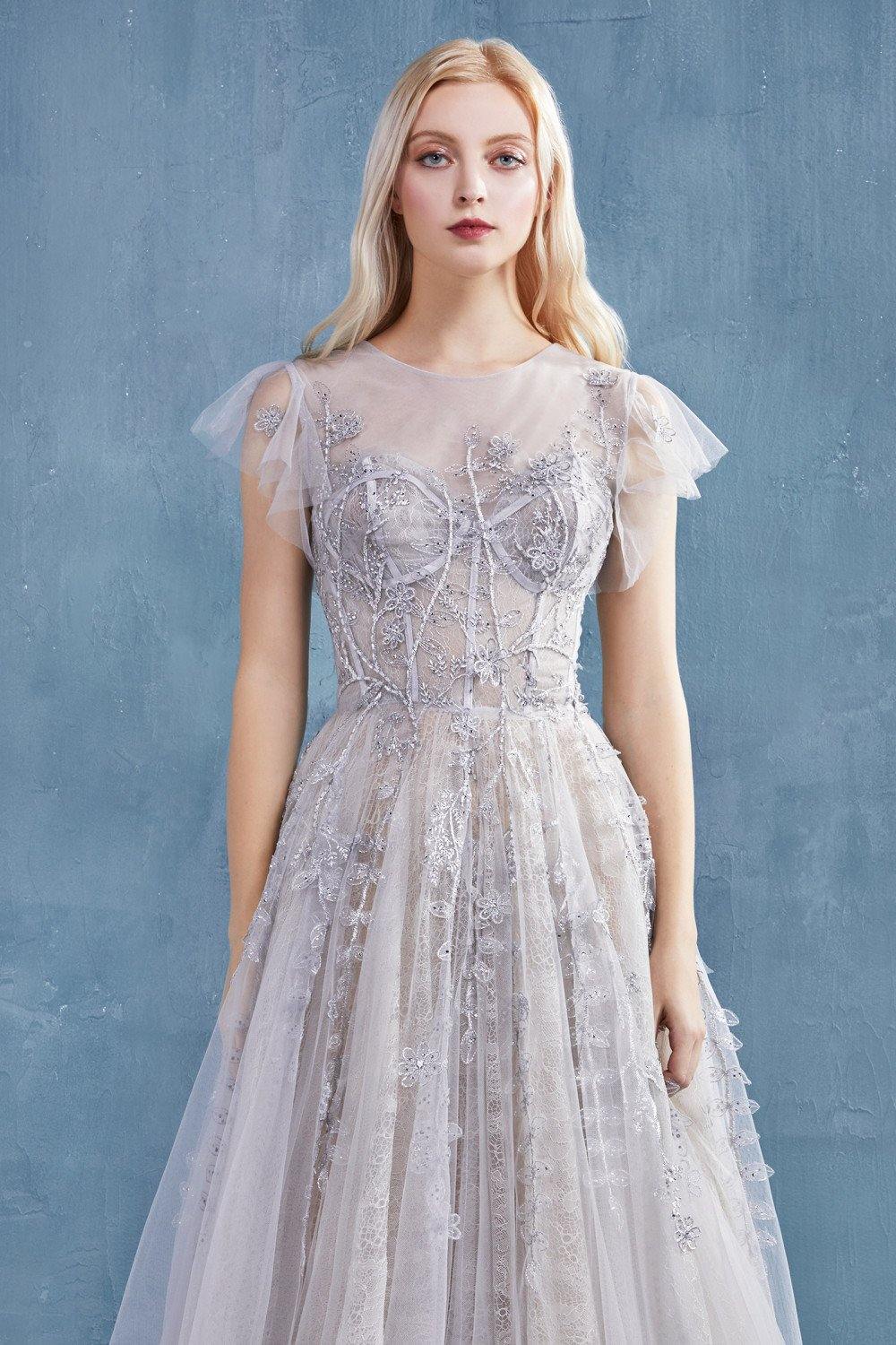 Andrea & Leo CDA0998 Ruffled Long Prom Dress Light Gray