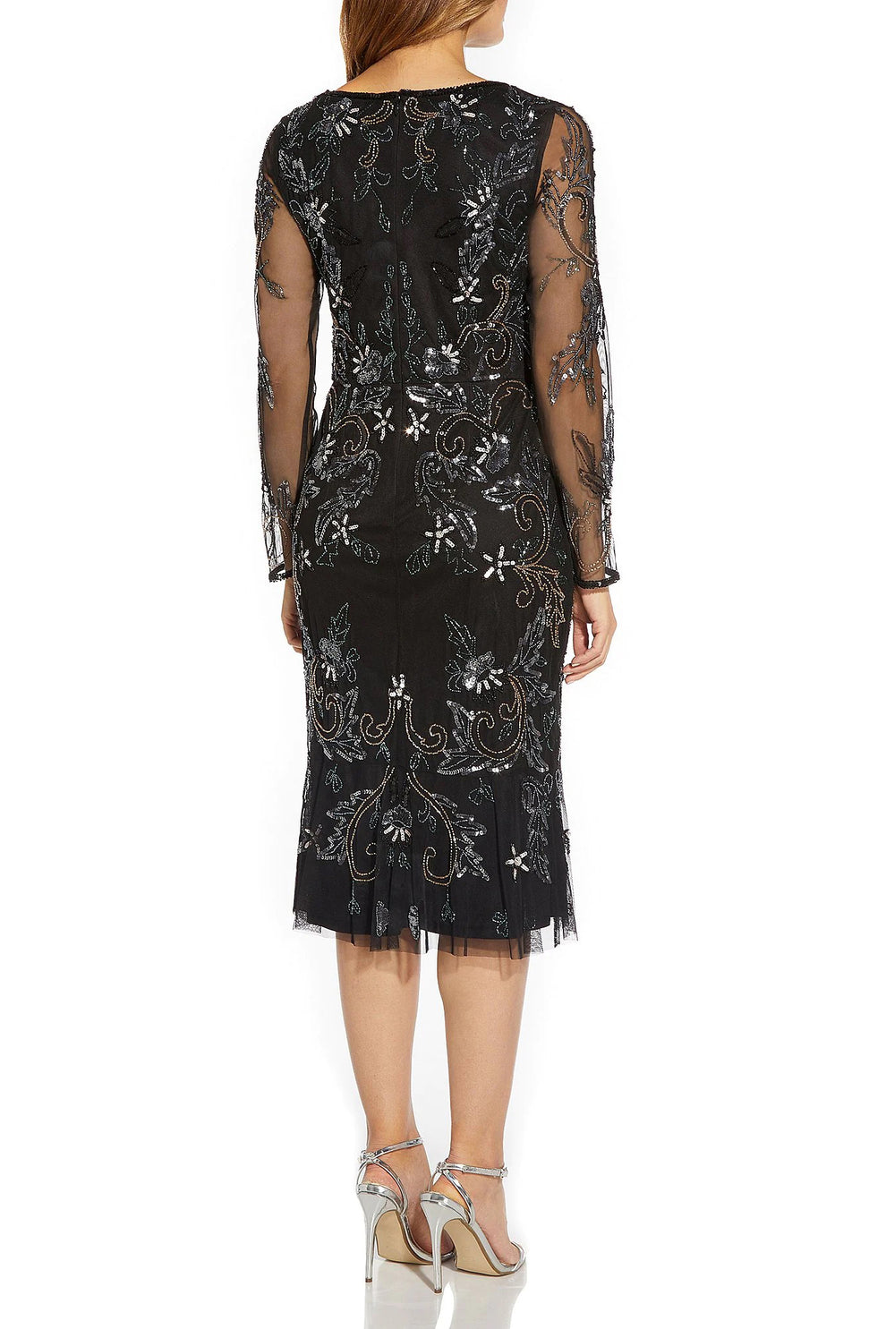 Cocktail Dresses Fitted Long Sleeve Beaded Cocktail Midi Dress Black Multi