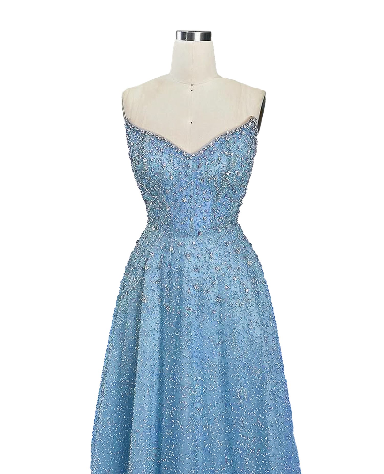 A stunning long strapless formal couture dress adorned with intricate hand-beaded details, showcasing elegance and sophistication.