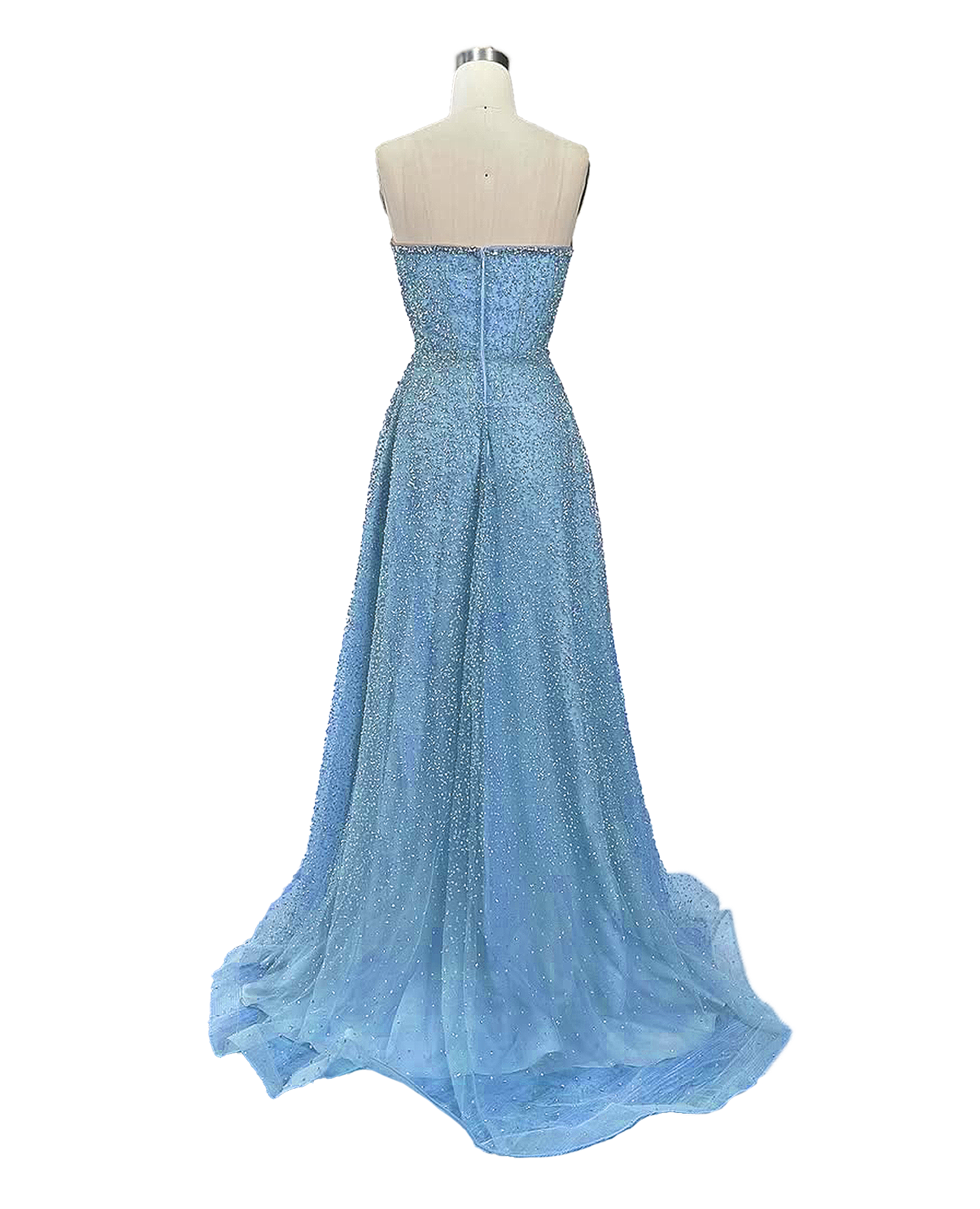 A stunning long strapless formal couture dress adorned with intricate hand-beaded details, showcasing elegance and sophistication.