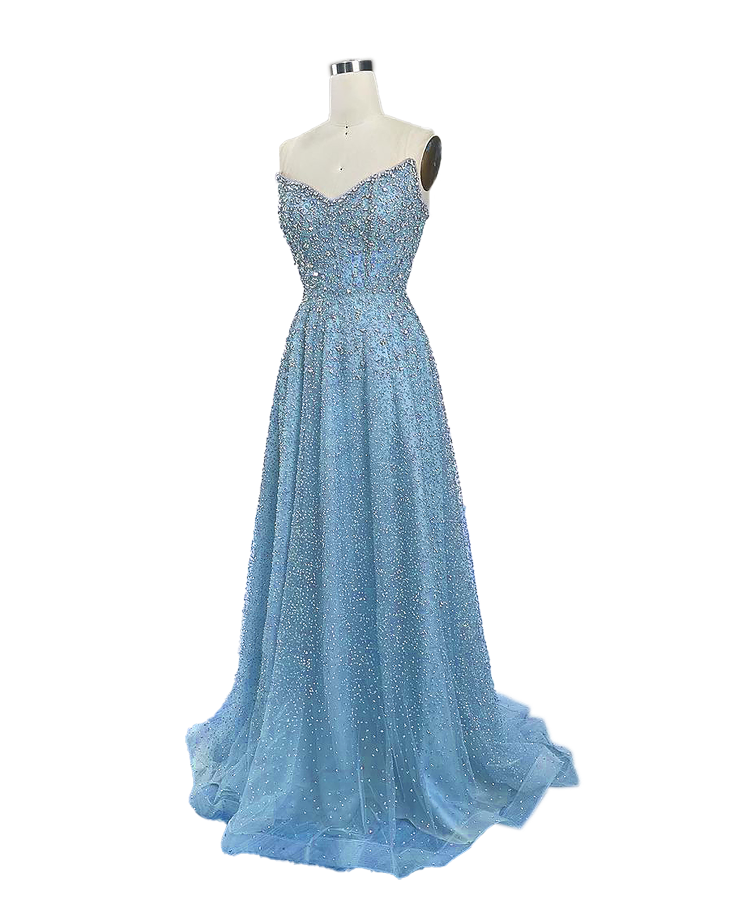 A stunning long strapless formal couture dress adorned with intricate hand-beaded details, showcasing elegance and sophistication.
