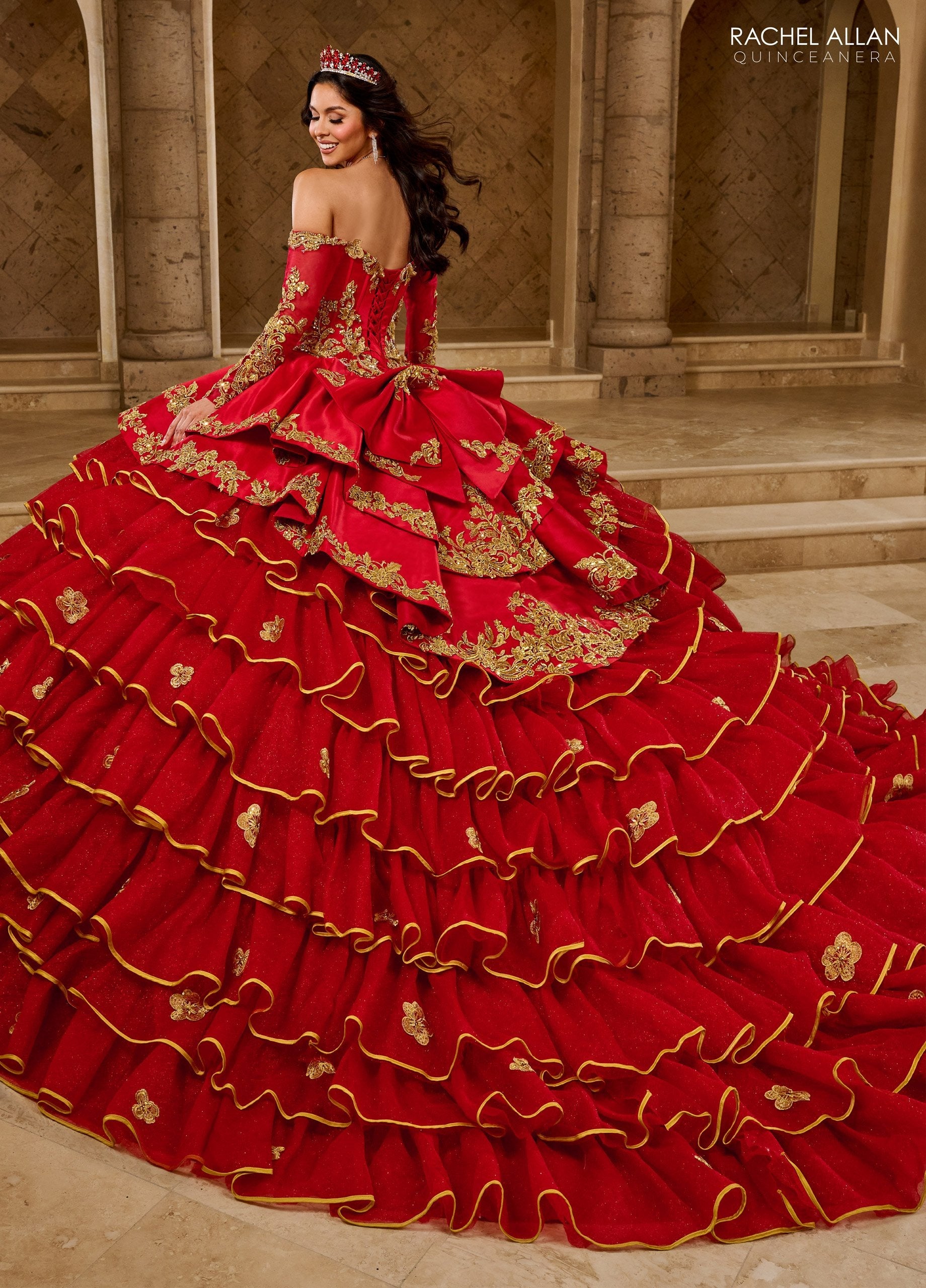 Quinceniera Dresses Long Ball Gown Ruffle Quinceanera Dress     Red Gold