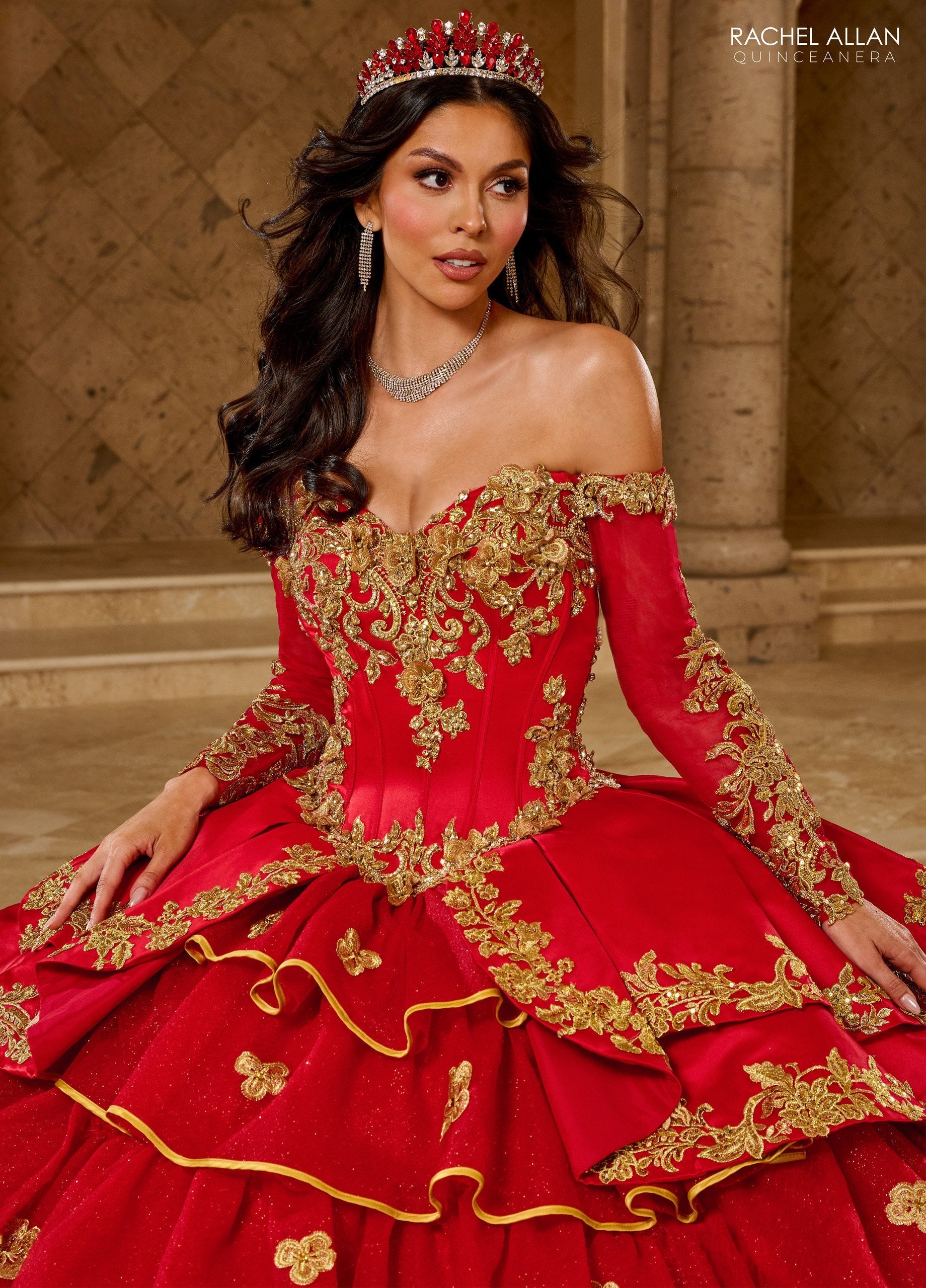 Quinceniera Dresses Long Ball Gown Ruffle Quinceanera Dress     Red Gold