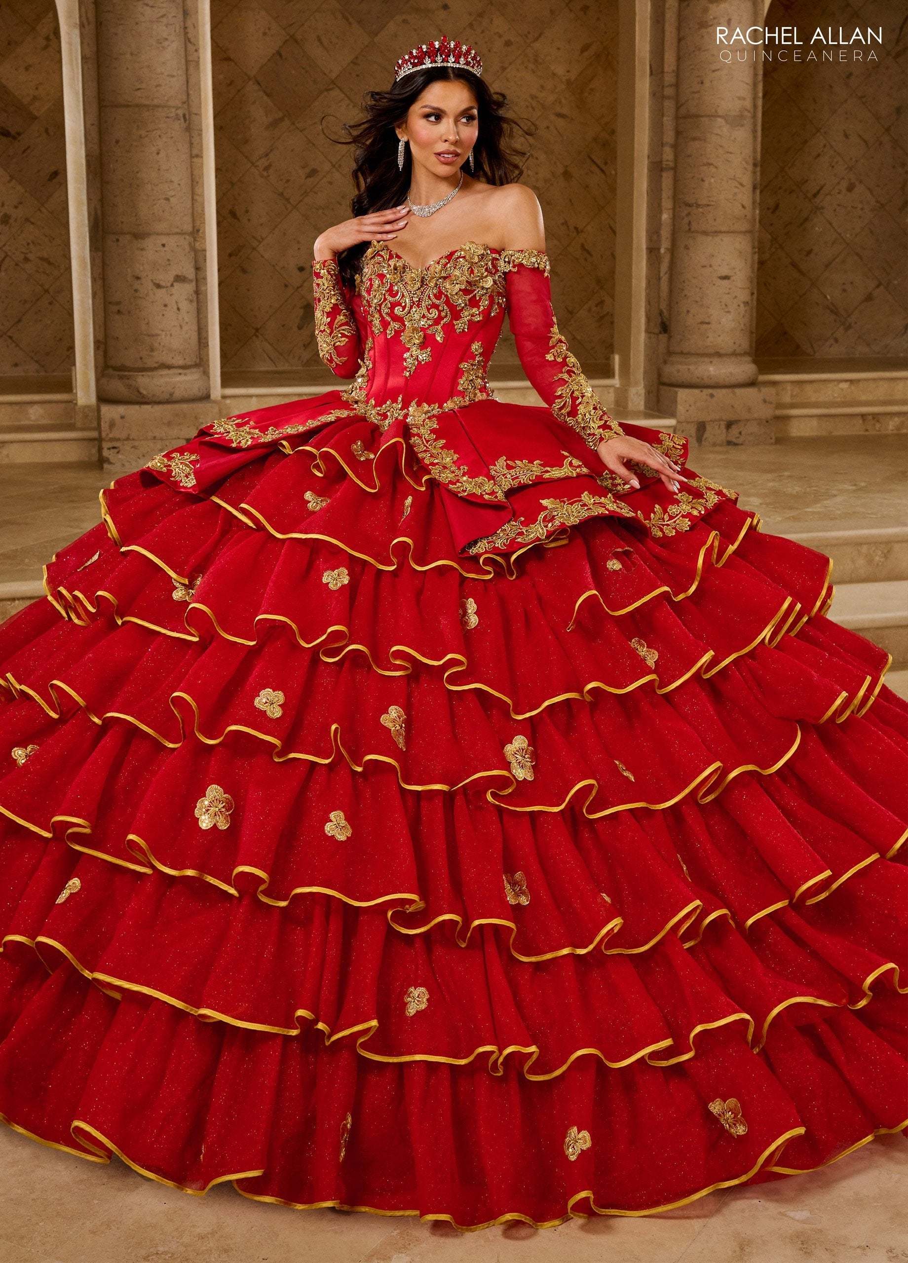 Quinceniera Dresses Long Ball Gown Ruffle Quinceanera Dress     Red Gold