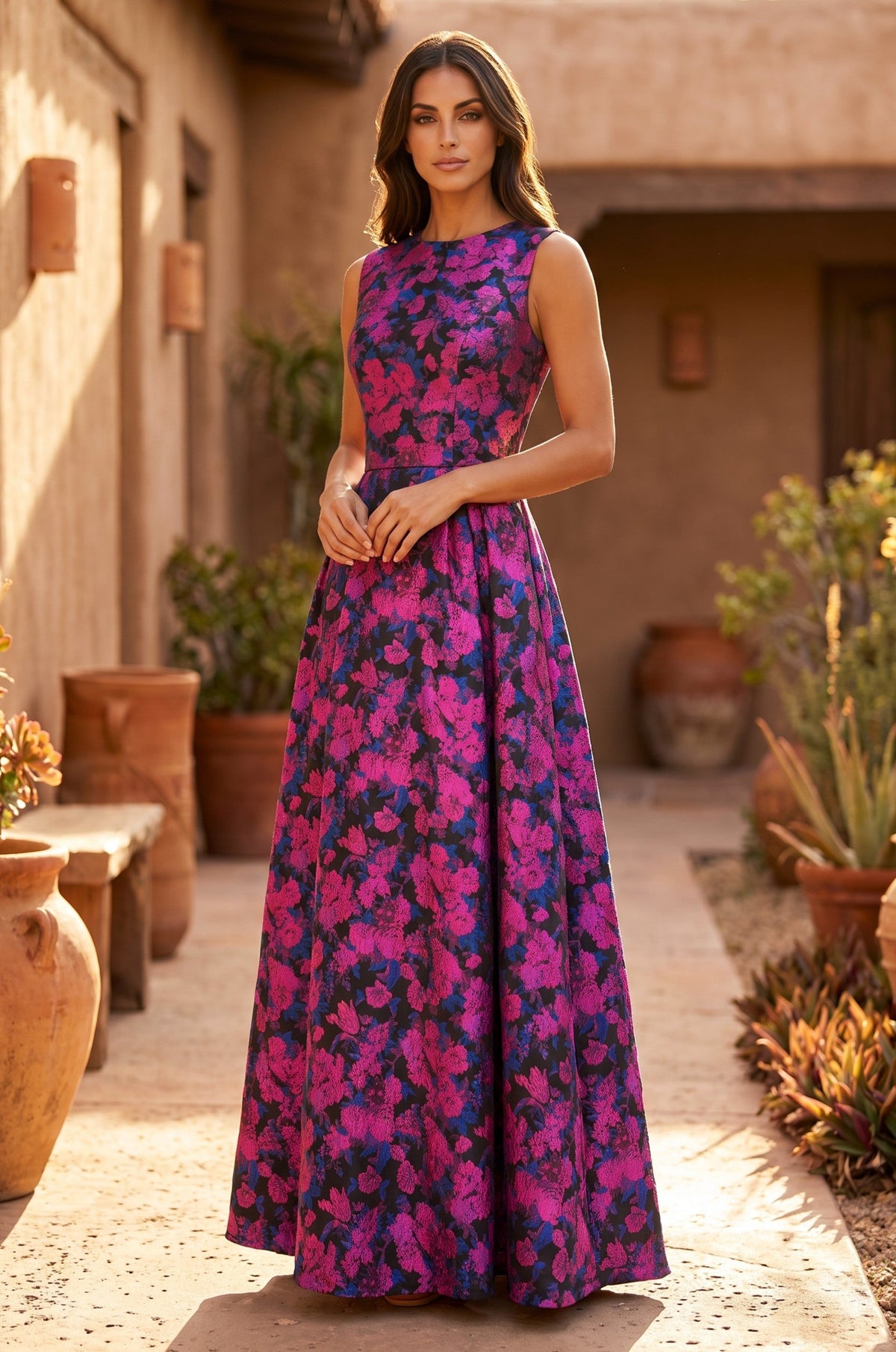Formal Printed Floral Patterned Evening Dress – Magenta