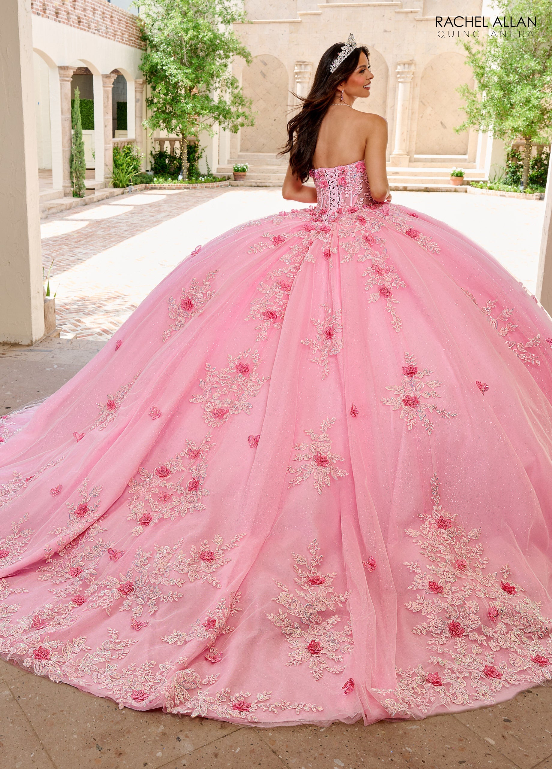 Quinceniera Dresses Long Ball Gown Lace Floral Glitter Quinceanera Dress Pink