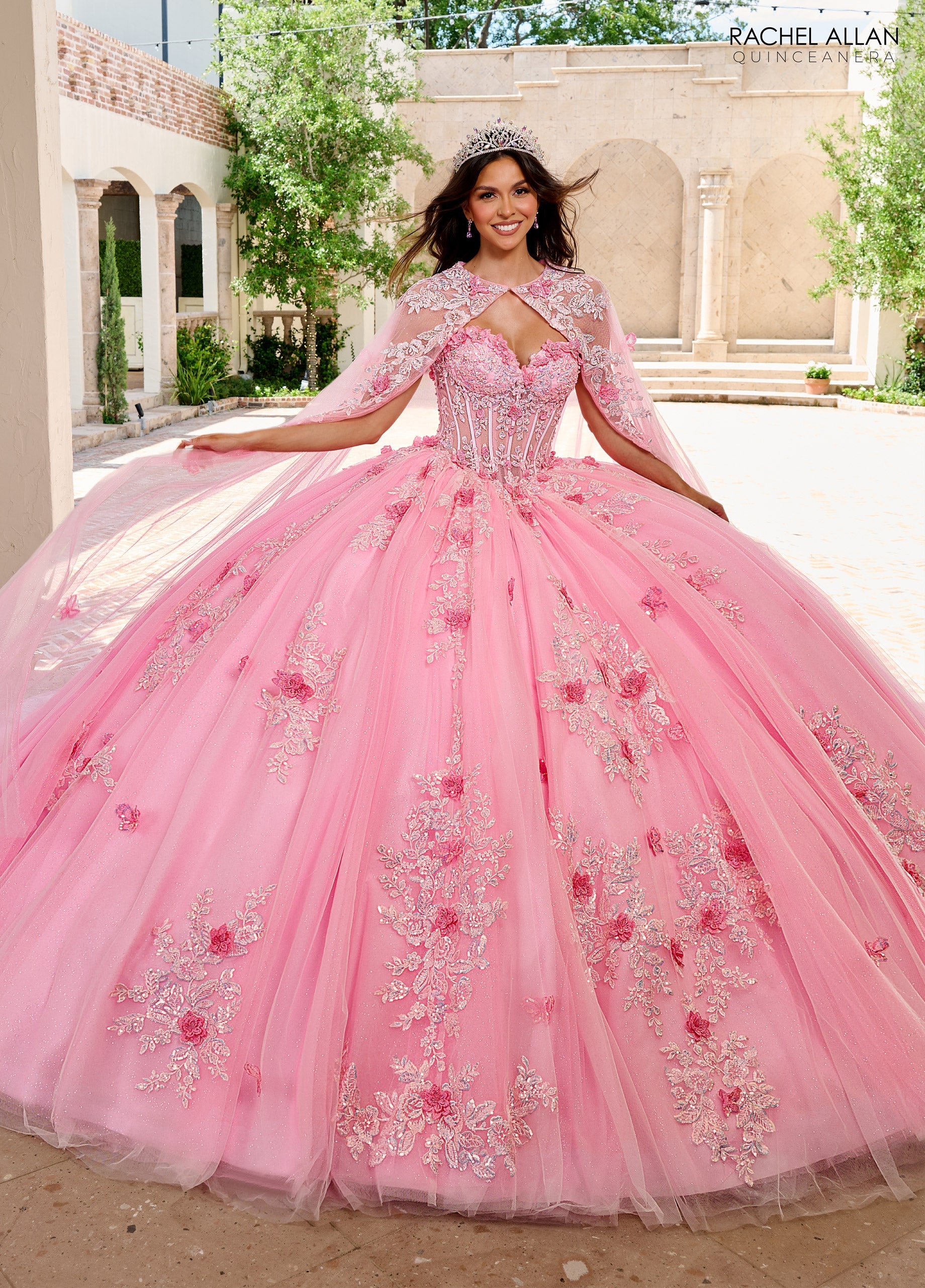 Quinceniera Dresses Long Ball Gown Lace Floral Glitter Quinceanera Dress Pink