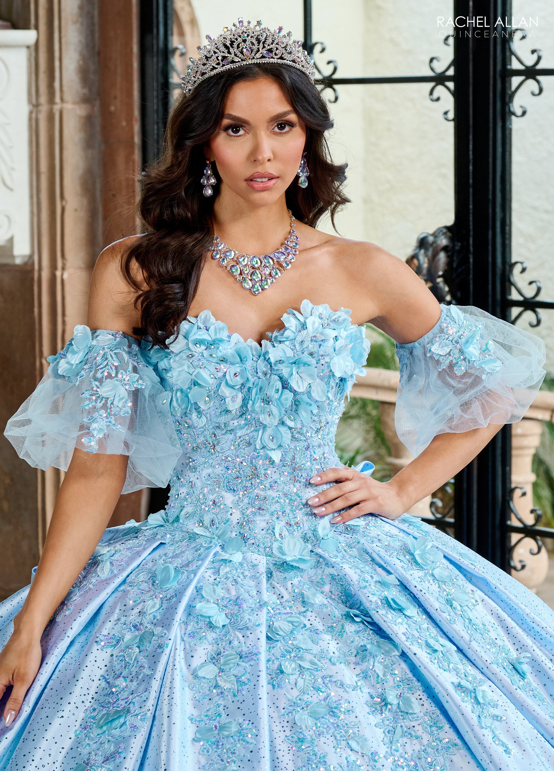 Quinceniera Dresses Sweet 16 Long Floral Beaded Quinceanera Dress Powder Blue