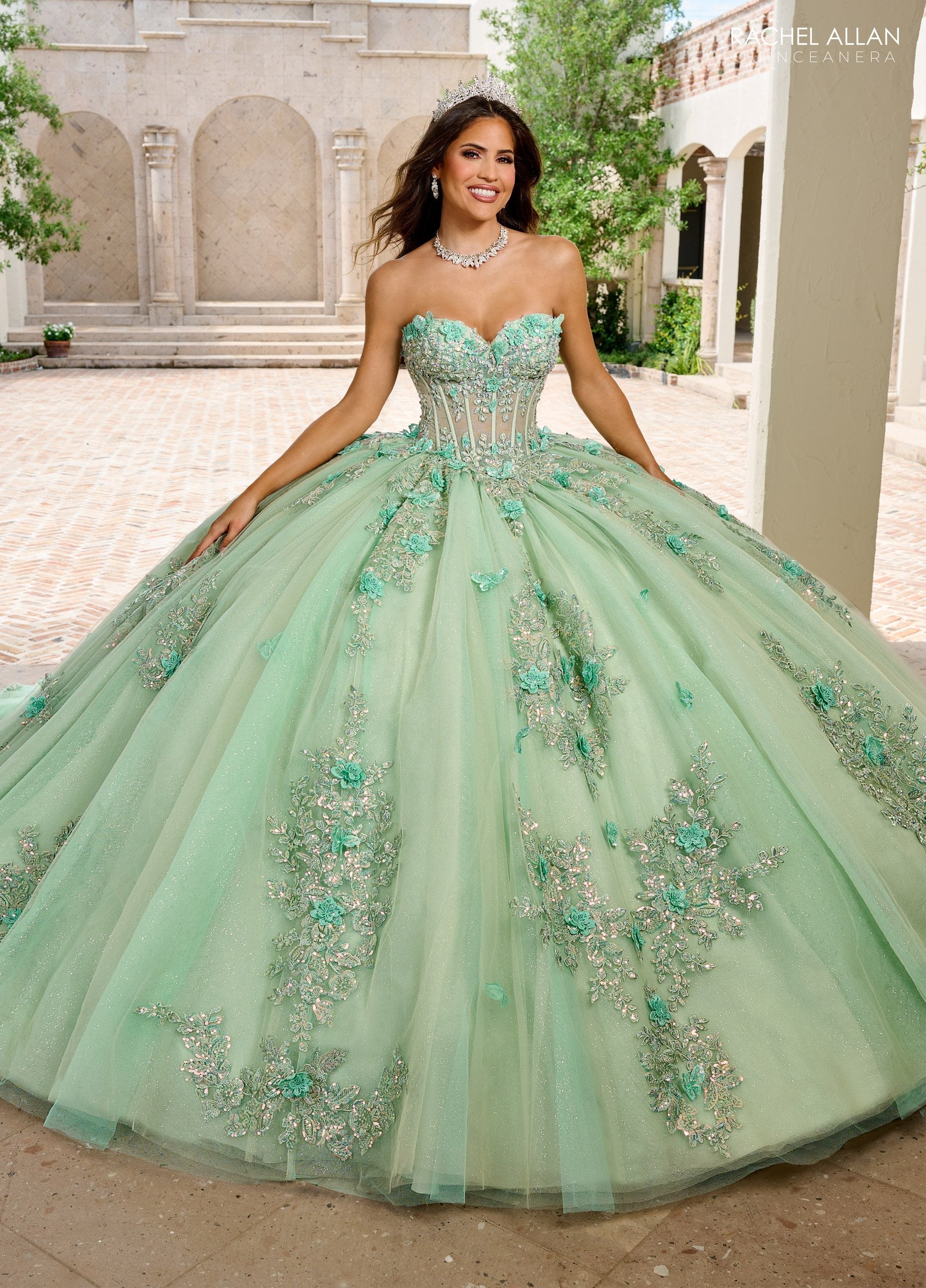 Quinceniera Dresses Long Ball Gown Lace Floral Glitter Quinceanera Dress Sage Mint
