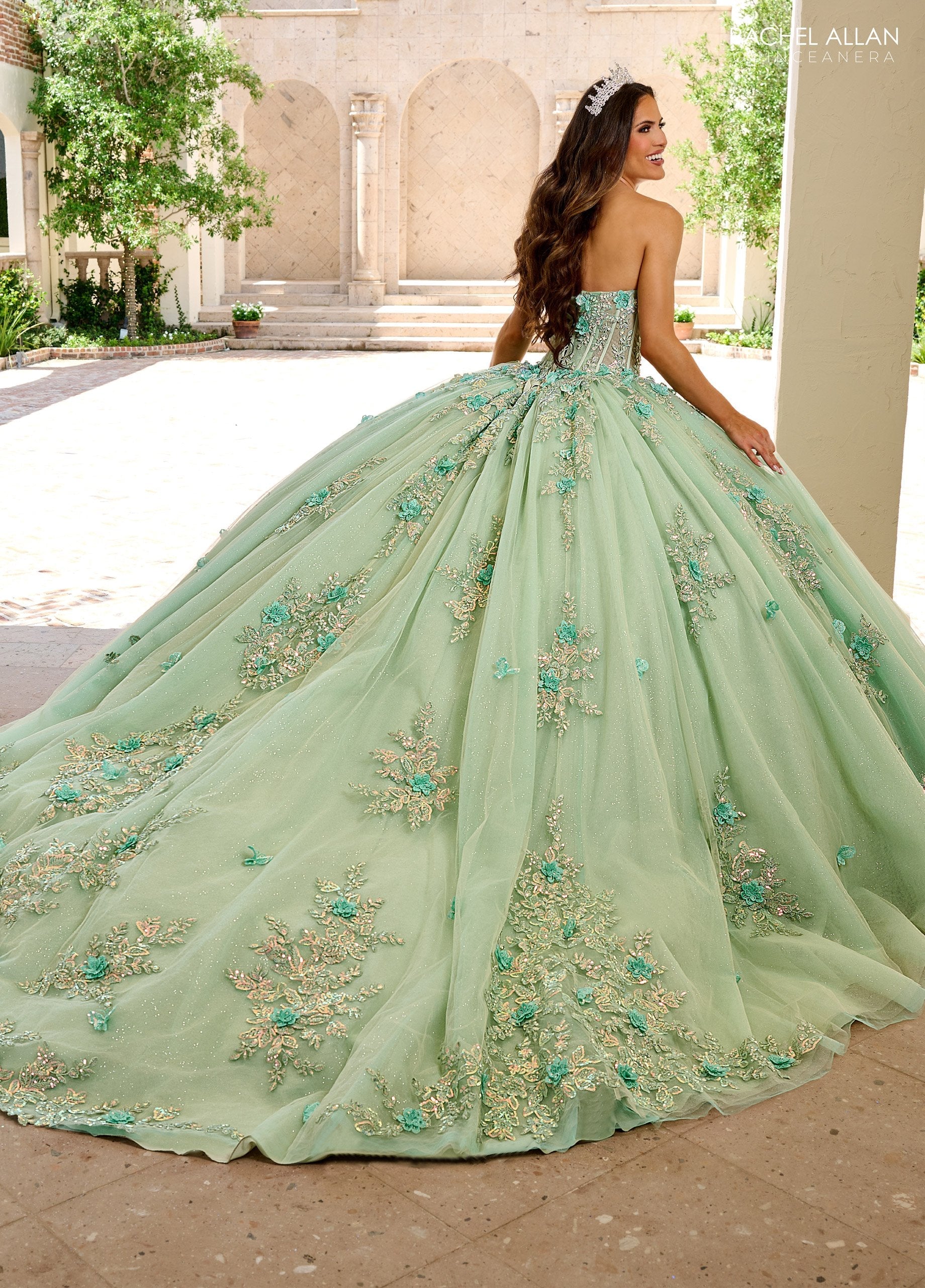 Quinceniera Dresses Long Ball Gown Lace Floral Glitter Quinceanera Dress Sage Mint
