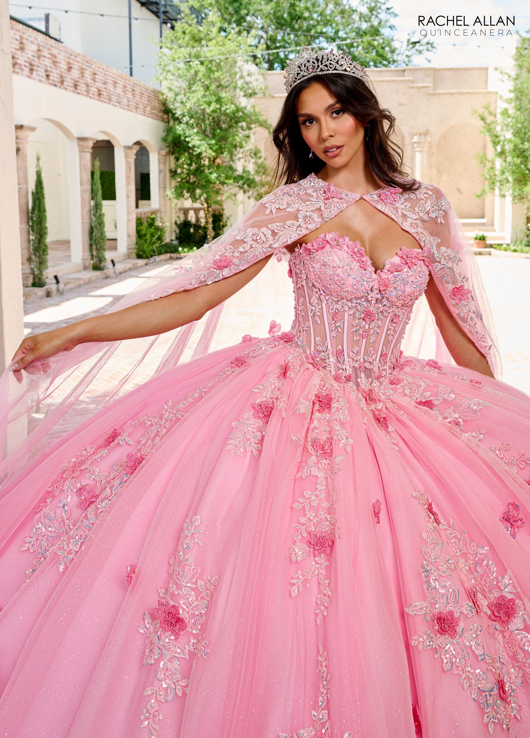 Quinceniera Dresses Long Ball Gown Lace Floral Glitter Quinceanera Dress Pink