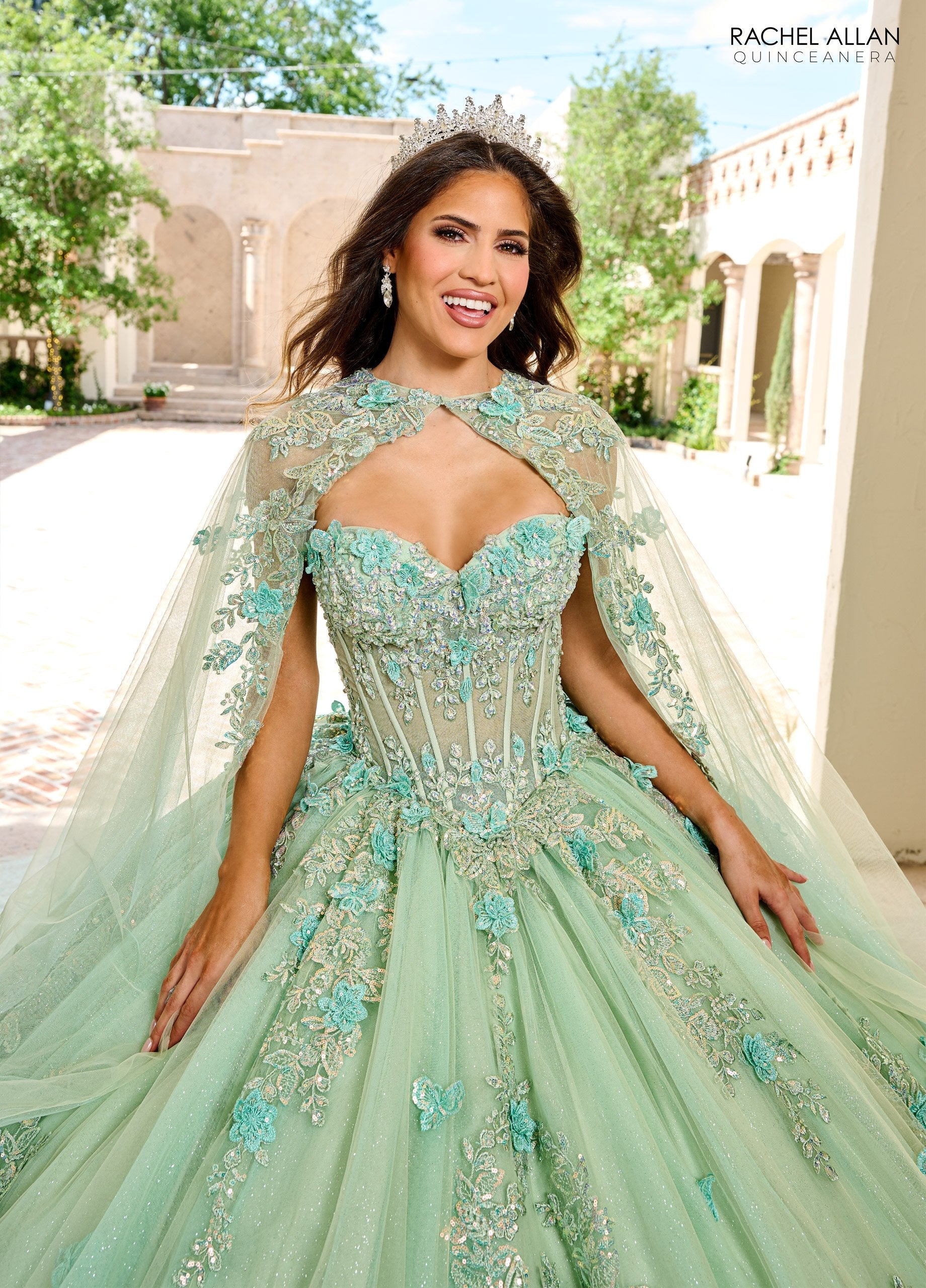 Quinceniera Dresses Long Ball Gown Lace Floral Glitter Quinceanera Dress Sage Mint