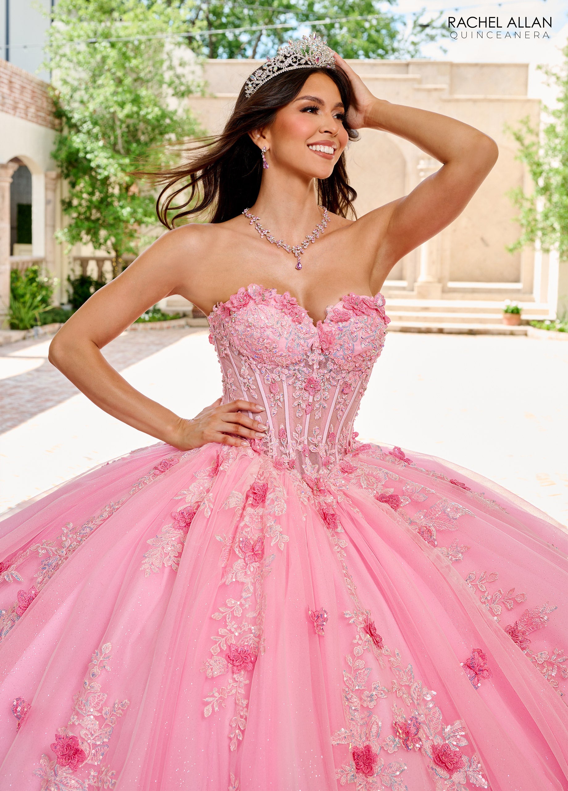 Quinceniera Dresses Long Ball Gown Lace Floral Glitter Quinceanera Dress Pink