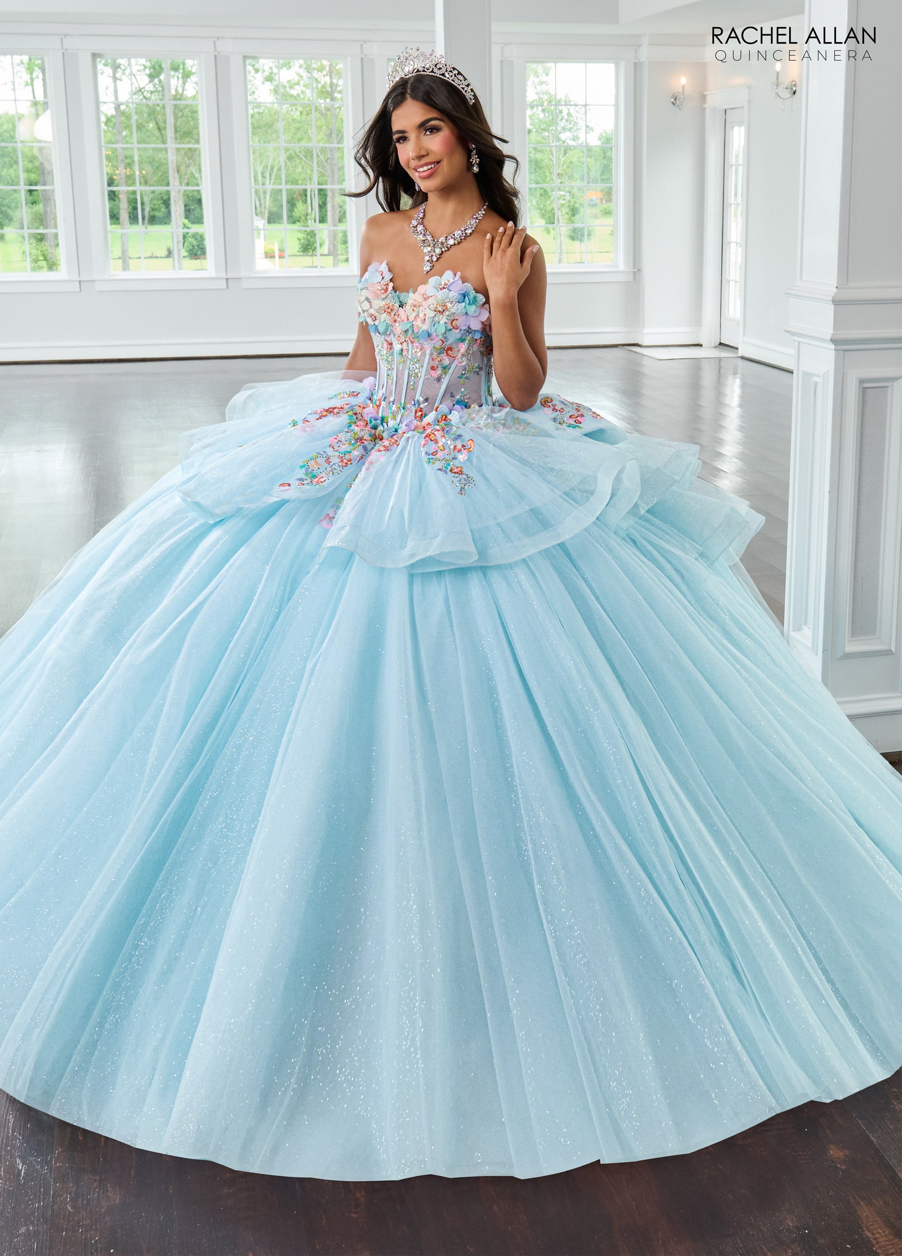 Quinceniera Dresses Ball Gown Beaded Long Sequin Quinceanera Dress Light Blue Multi