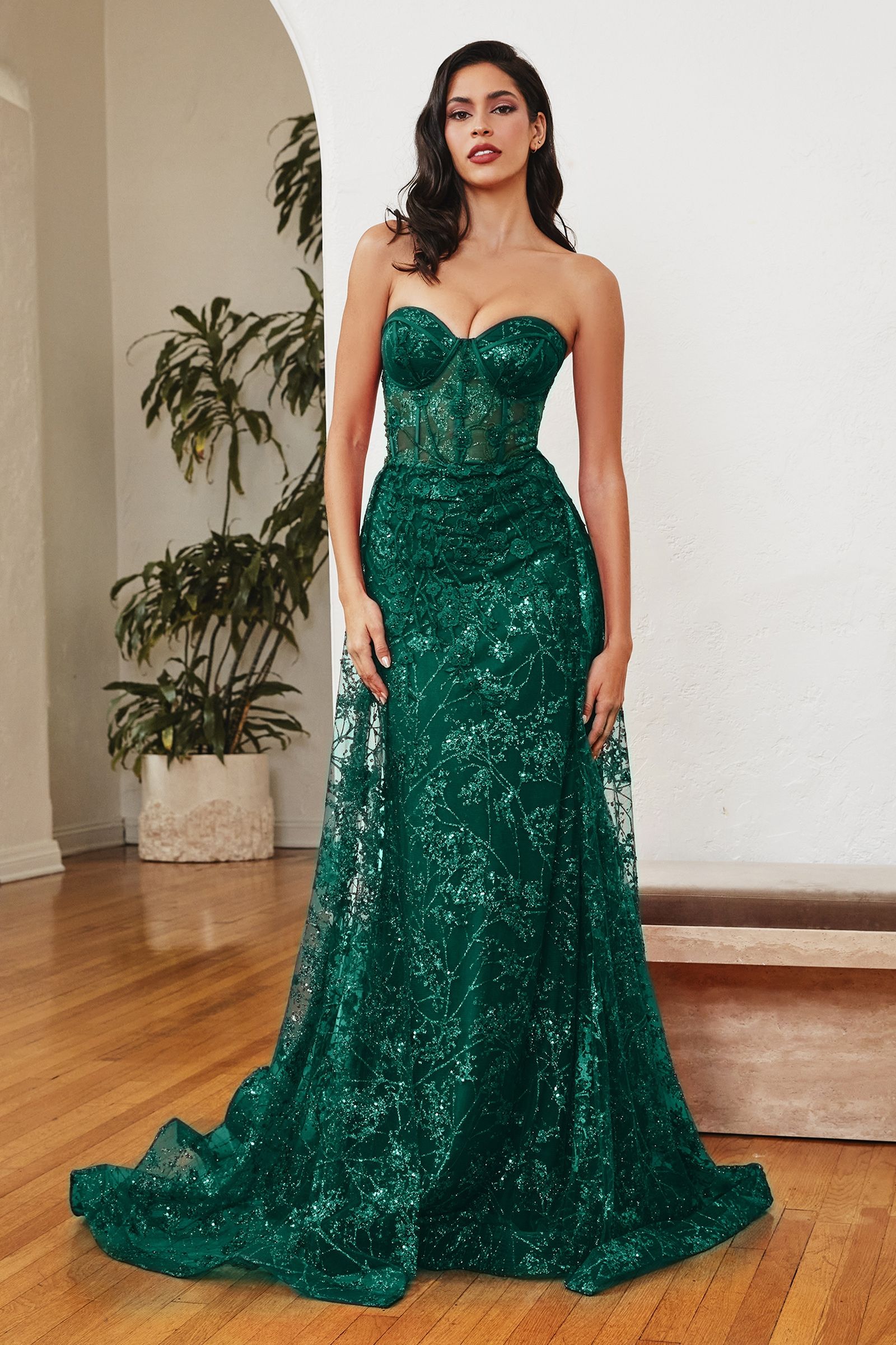 LaDivine CB046 Long Floral Prom Dress Rose Gold