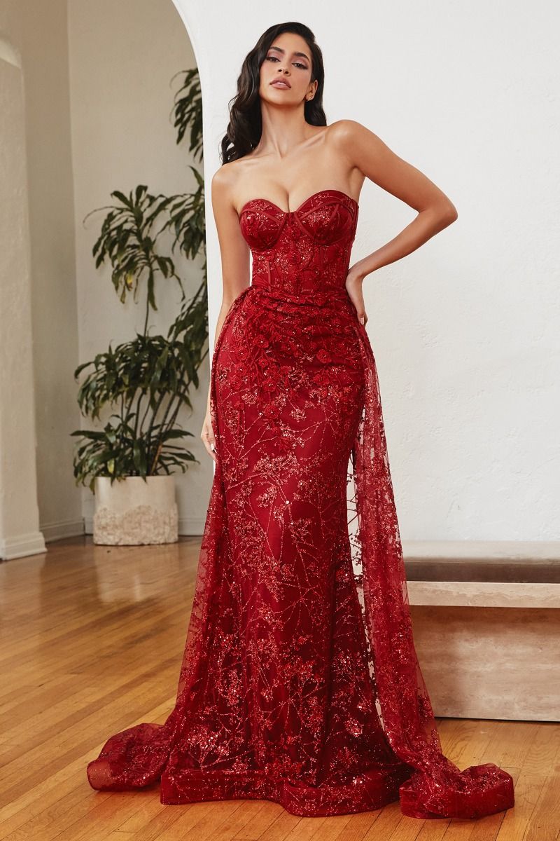 LaDivine CB046 Long Floral Prom Dress Rose Gold