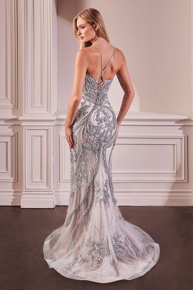 Prom Dresses Mermaid Long Formal Prom Beaded Lace Dress Silver Nude