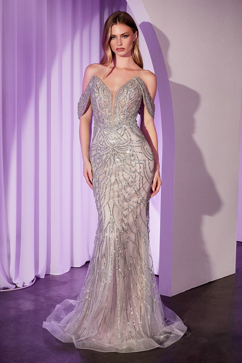 Prom Dresses Beaded Long Prom Formal Mermaid Dress Silver Nude