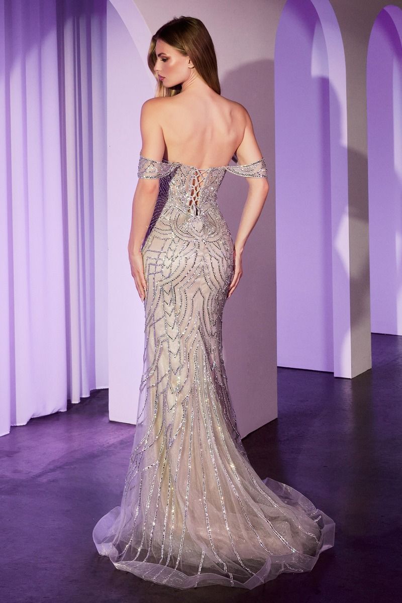 Prom Dresses Beaded Long Prom Formal Mermaid Dress Silver Nude