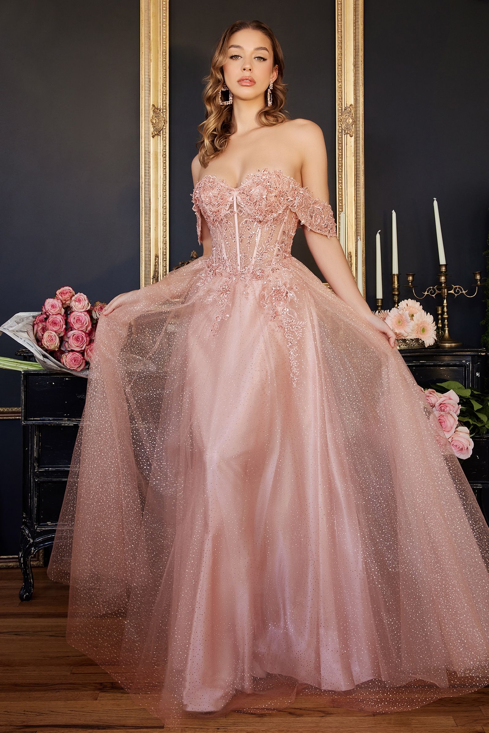 LaDivine CD0198 Off Shoulder Corset Long Prom Ball Gown