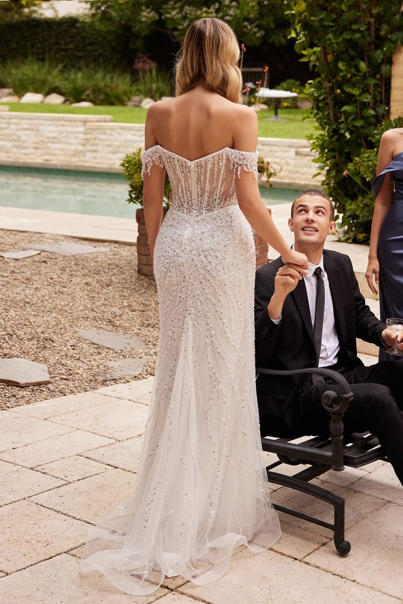 Wedding Dresses Long Fitted Sequin Slit Wedding Dress Off White
